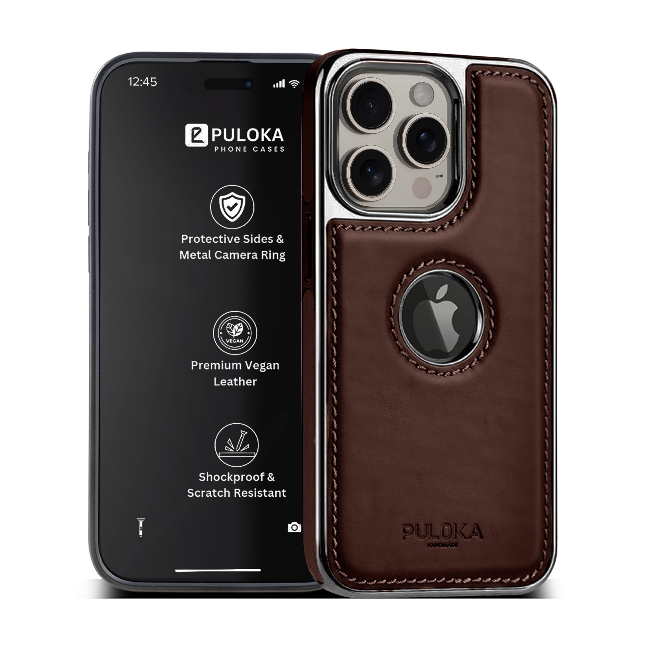 PULOKA Chrome Leather Back Case - Compatible with iPhone 15 Pro Max - Luxury Bumper Case - Flexible Vegan Leather - Electroplated Sides & Logocut - Full Camera Protetection & Raised Edges - Brown (B0DFMLHV6C) Amazon Price History, Amazon Price Tracker