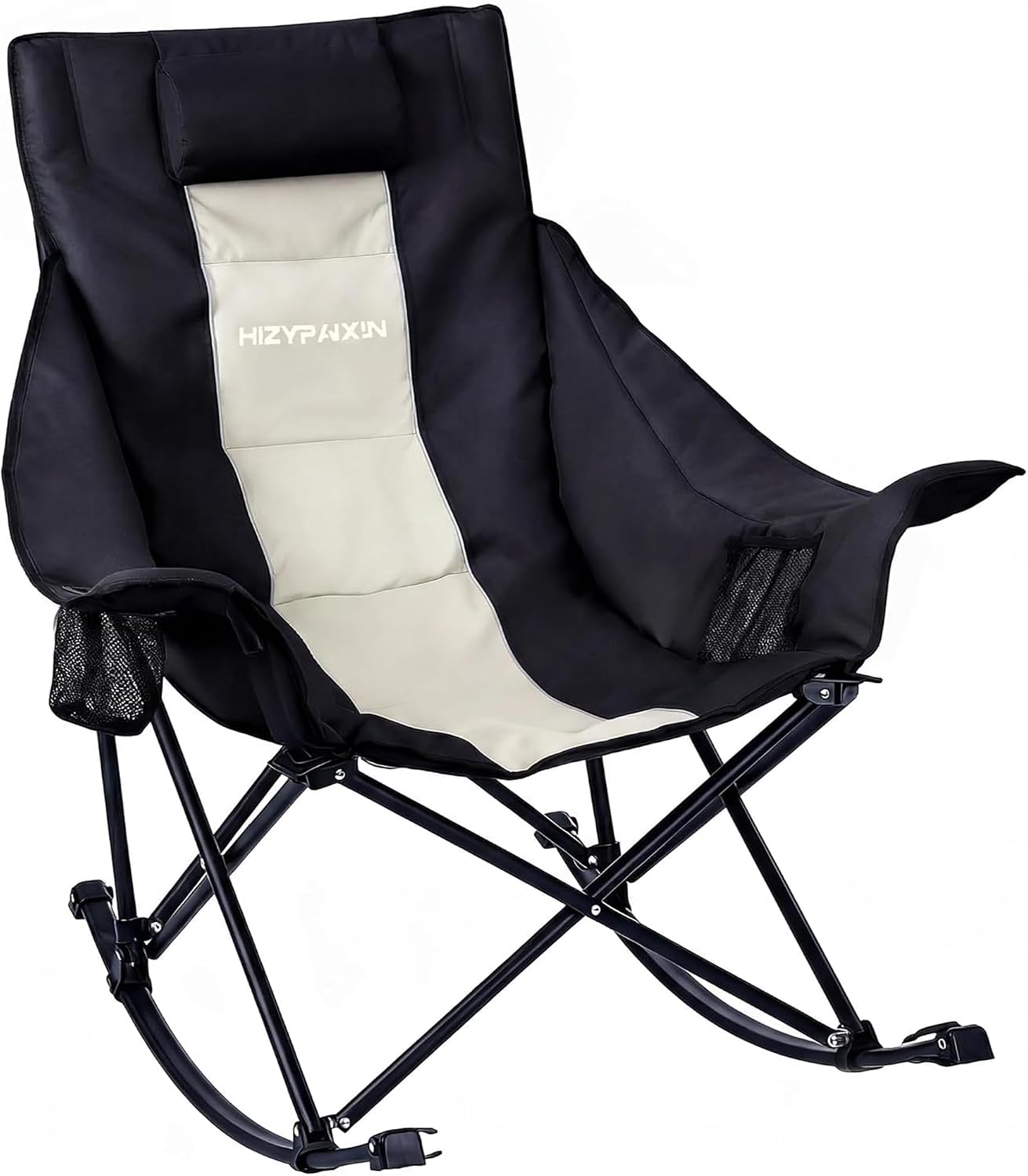 Oversized Rocking Camping Chair for Adults with Headrest, Portable Rocking Chair with Cup Holder, Side Pocket & Carry Bag, 400 lbs Heavy Duty Outdoor Rocker Chair for Camp, Patio, Black