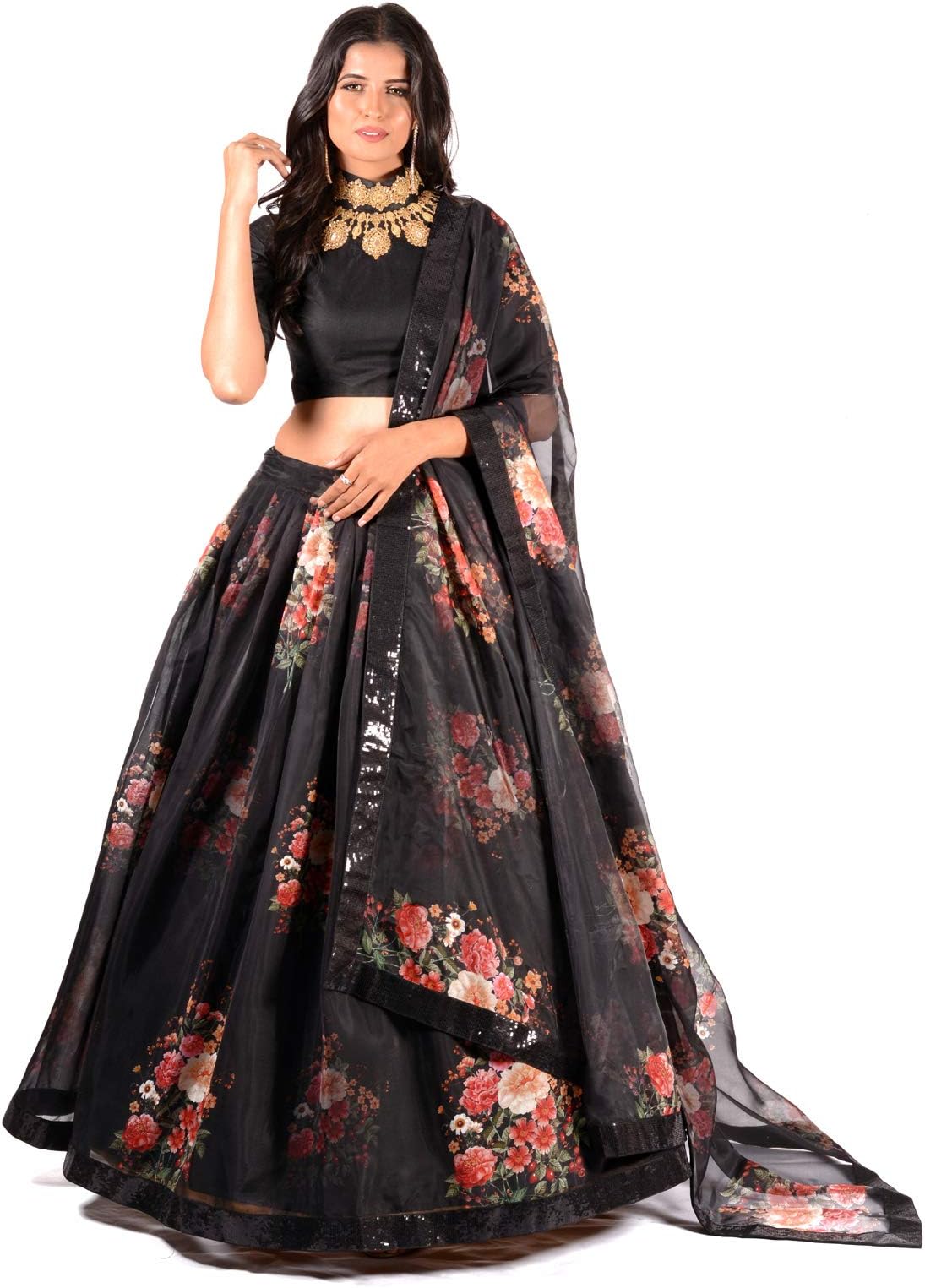 PANCHHI Women's Satin Semi stitched Lehenga Choli (PF-R-2_Black_Free Size)
