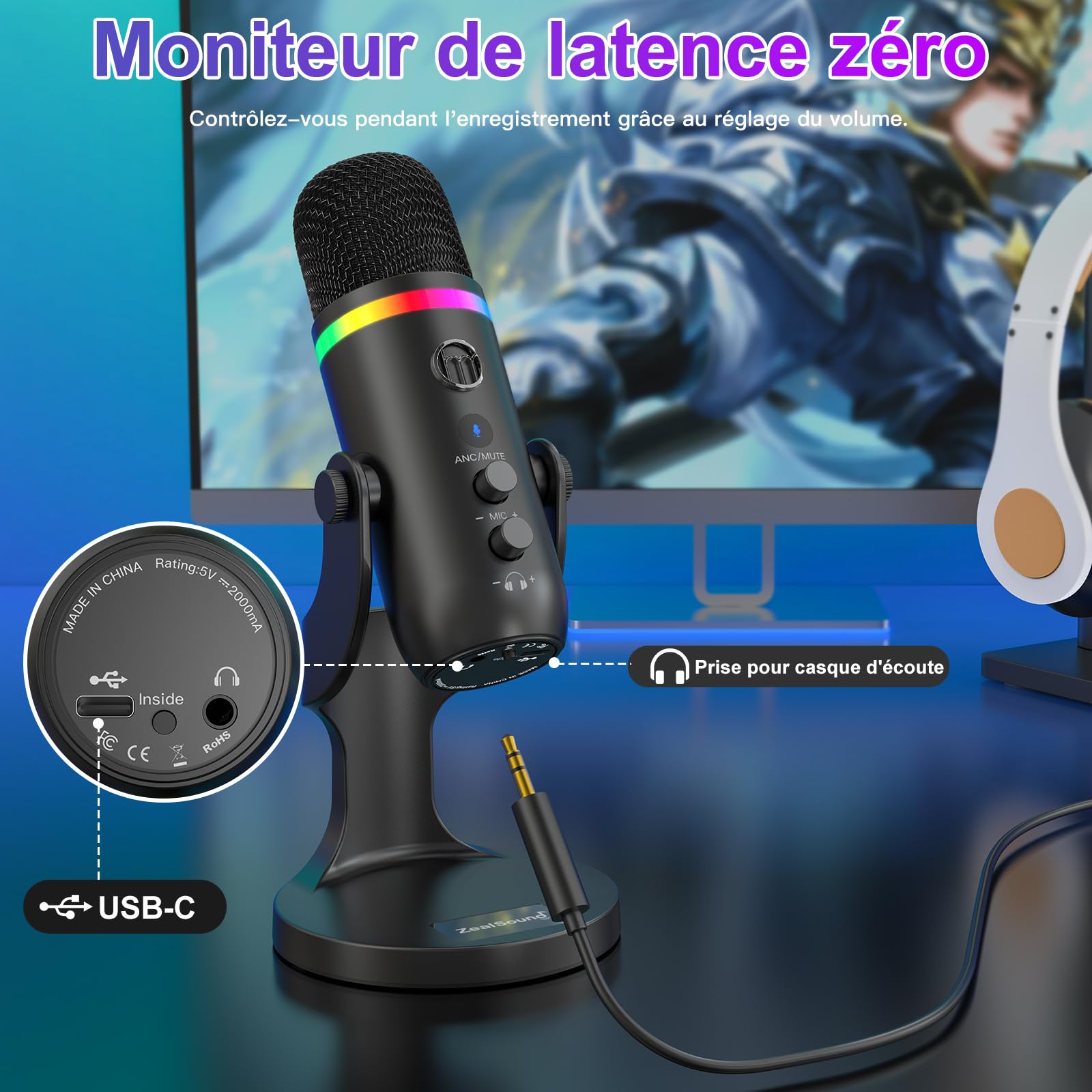 zealsound Microphone USB à Condensateur, Podcast Micro pour PC et Téléphone avec Réduction de Bruit, Mute & Contrôle du Gain, Plug & Play pour Gaming, Streaming, Enregistrement, Zoom, ASMR-K66 Pro