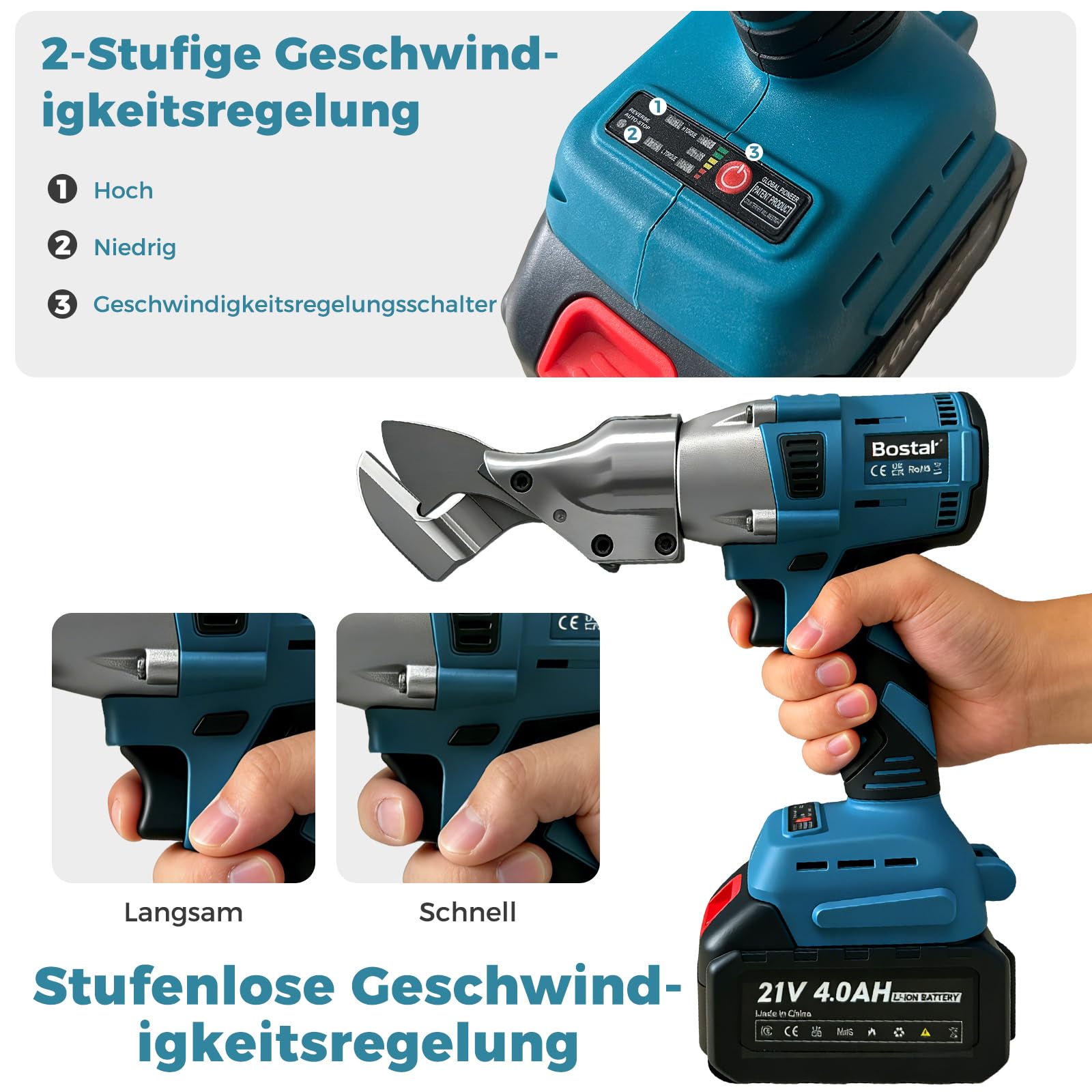 Bostar Akku Blechschere, Bürstenloser Motor mit 2x 4.0Ah Akku, Elektrischer Blechschneider für 1,5mm Metall & 2,0mm Alu, 360° Drehbarer Kopf, 2-Gang & Auto-Stopp, Kompatibel mit Makita 18V Akku