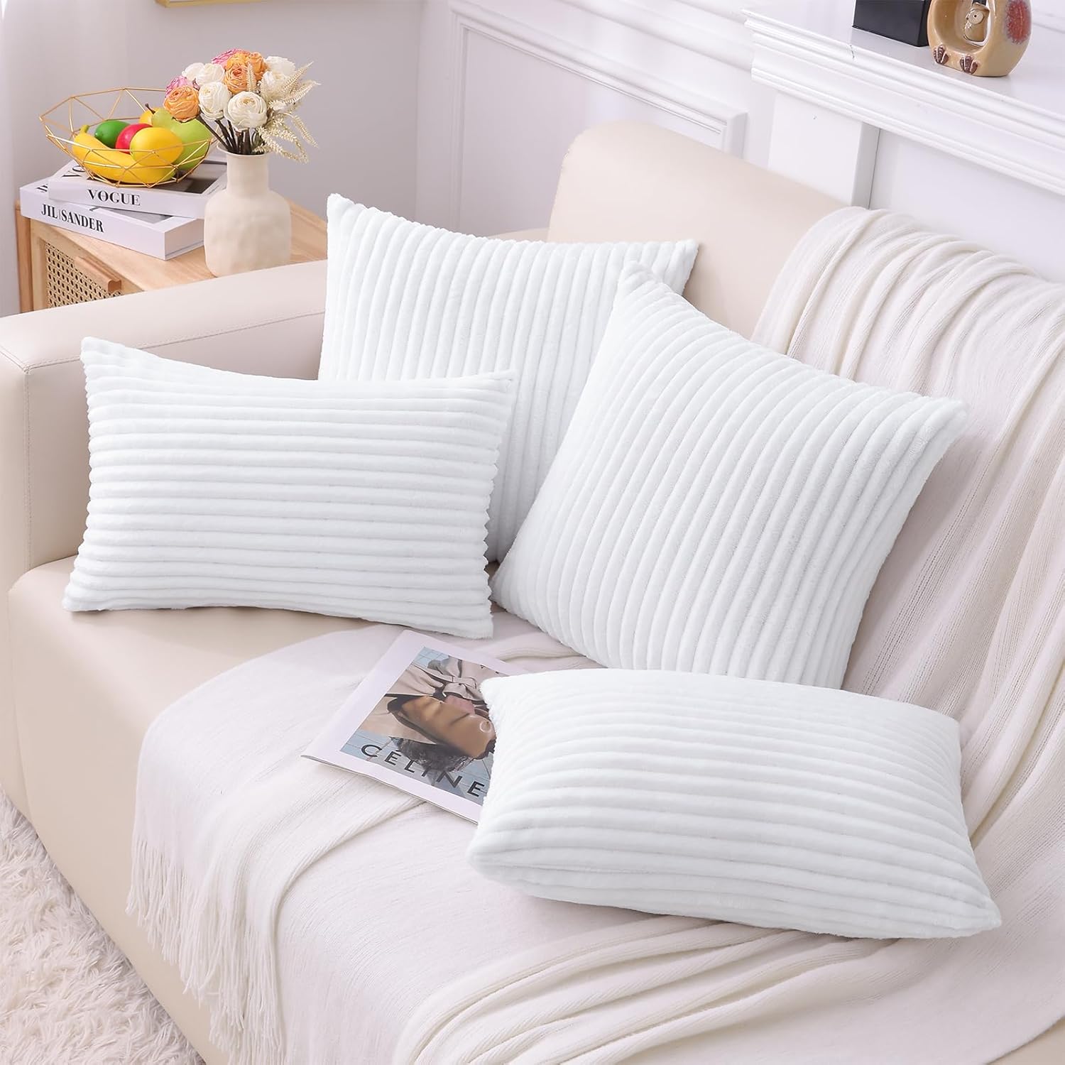 Simmore Decorative Spring Throw Pillow Covers 18x18 Set of 2, Soft Natural Plush Flannel Double-Sided Fluffy Couch Pillow Covers for Sofa Living Room, White - Image 6