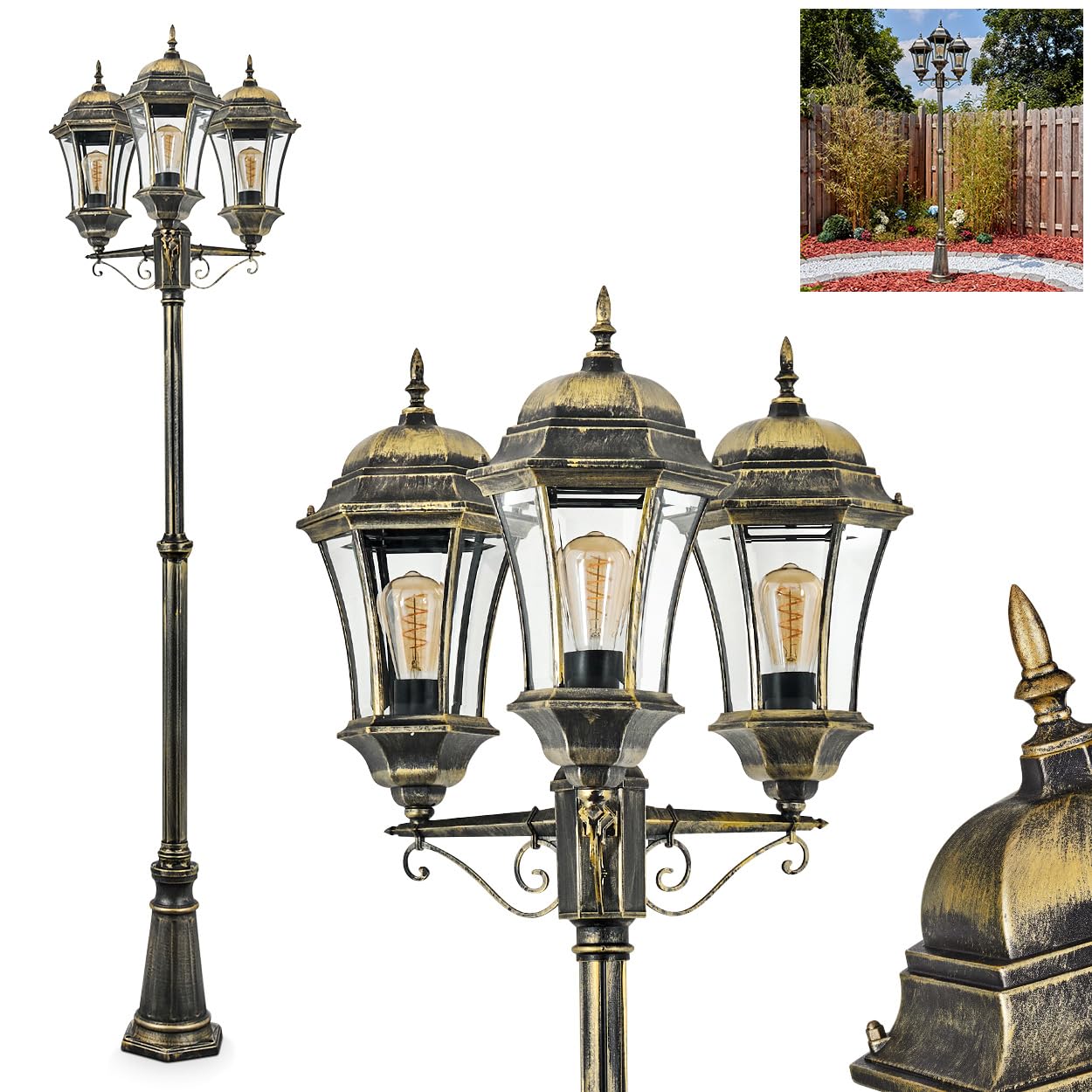 Etoe kandelabr, zewnętrzna lampa chodnikowa wykonana z metalu/szkła w kolorze czarnymno-złotym/przezroczystym, antyczny/dom wiejski, lampa do ogrodu/tarasu, wysokość 250 cm, 3 x E27, bez żarówki, IP44