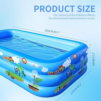 GALAXYER Inflatable Paddling Pool with Cartoon Prints, 3 Rings Large Rectangular Family Swimming Center for Kids Toddlers Adult, Indoor Outdoor Garden Swimming Pool, 205 × 125 × 45 CM