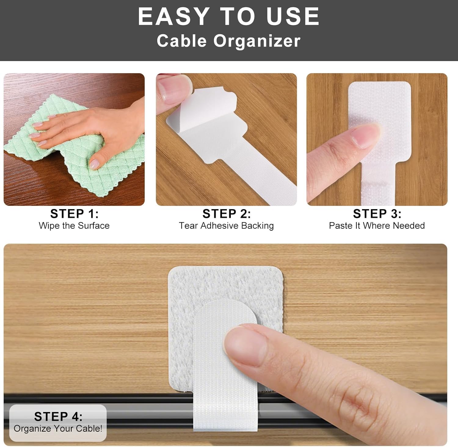 20-Pack Reusable Self-Adhesive Cable Ties Cable Management Adjustable Hook & Loop Straps for Organizing Data Cables, Wires, Headphones Under-Table Cord Management for Home, Office (White)