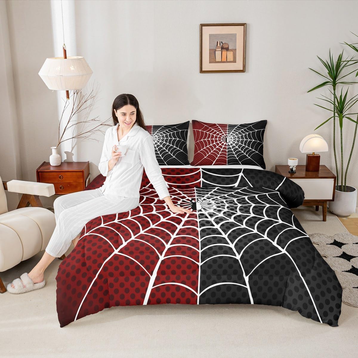Manfei Spider Kids Comforter Set Queen Size, White Spider Web Black Dots Bedding Set for Boys Teens Adults Bedroom Decor, Red and Black Down Comforter, Soft Polyester Quilt Set, 2 Pillowcases