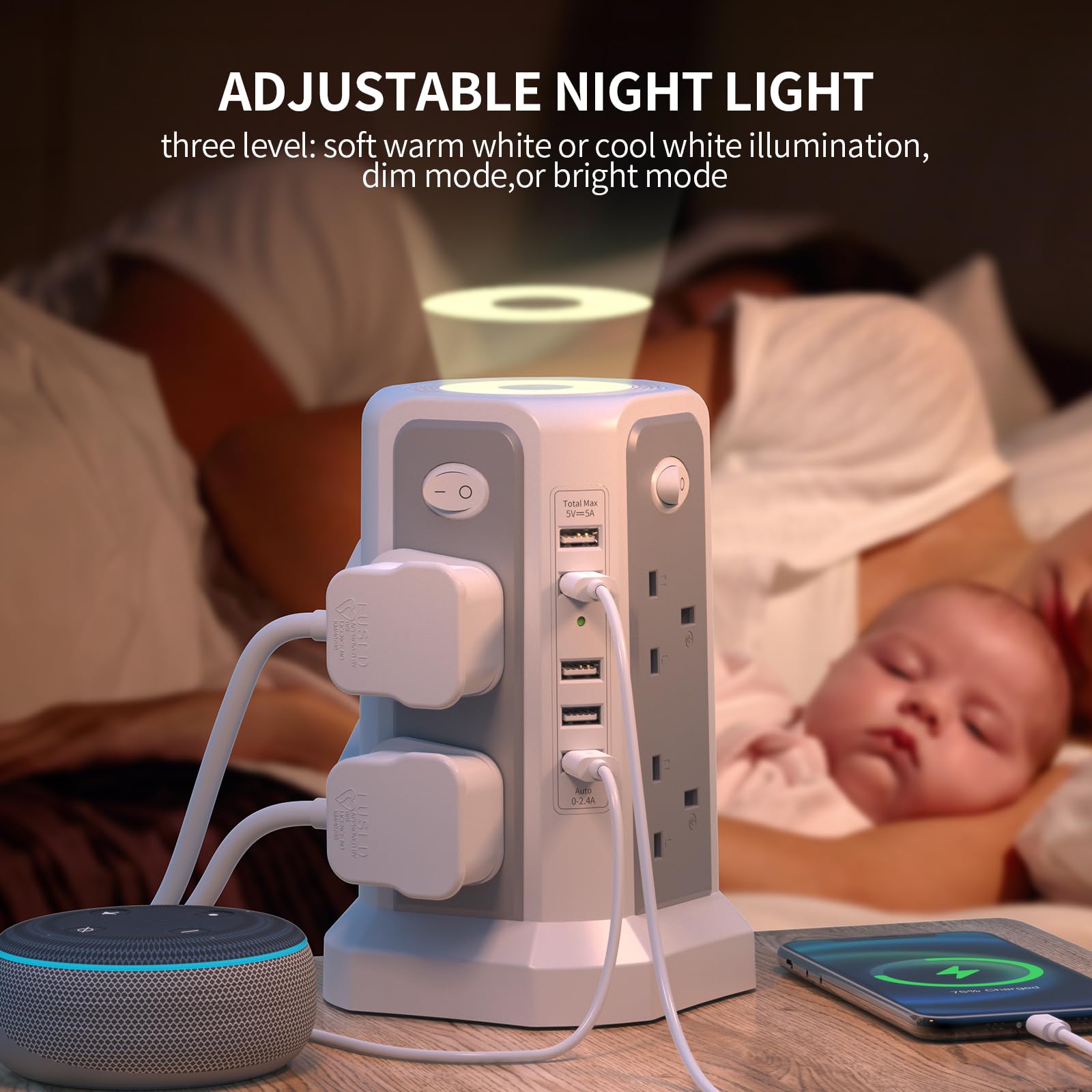 Tower Extension Lead 3M and Night Light, 5 USB Ports & 8 Way Plug Extension Tower - Image 2