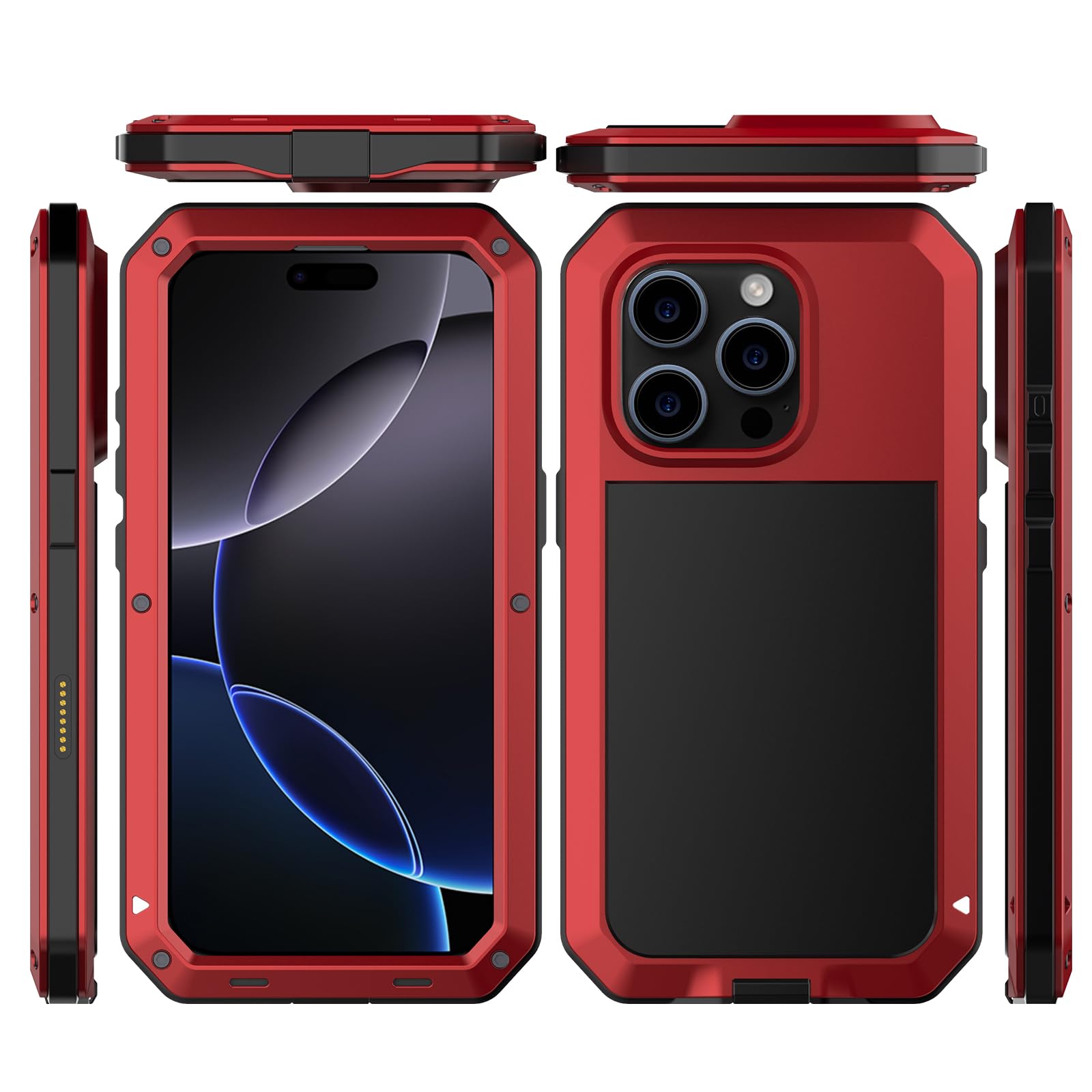 Marrkey for iPhone 16 Pro Max Metal Case 6.9",Heavy Duty Shockproof Aluminum Alloy Tough Armour Military Phone Case,360 Full Body Protective Cover with Silicone Built-in Screen Protector - Red