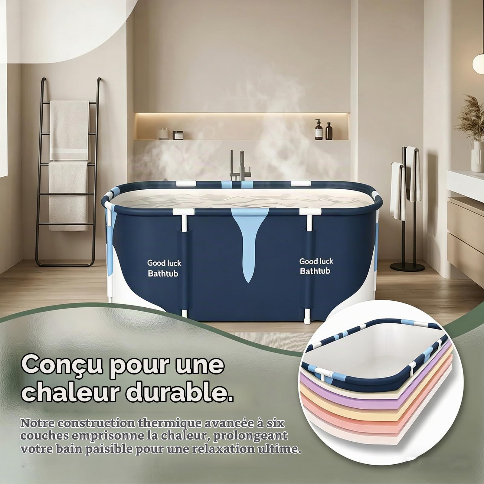 Baignoire portable 140 cm x 60 cm x 55 cm, baignoire familiale pliable pour adultes, baignoire spa pour la salle de bain et la cabine de douche