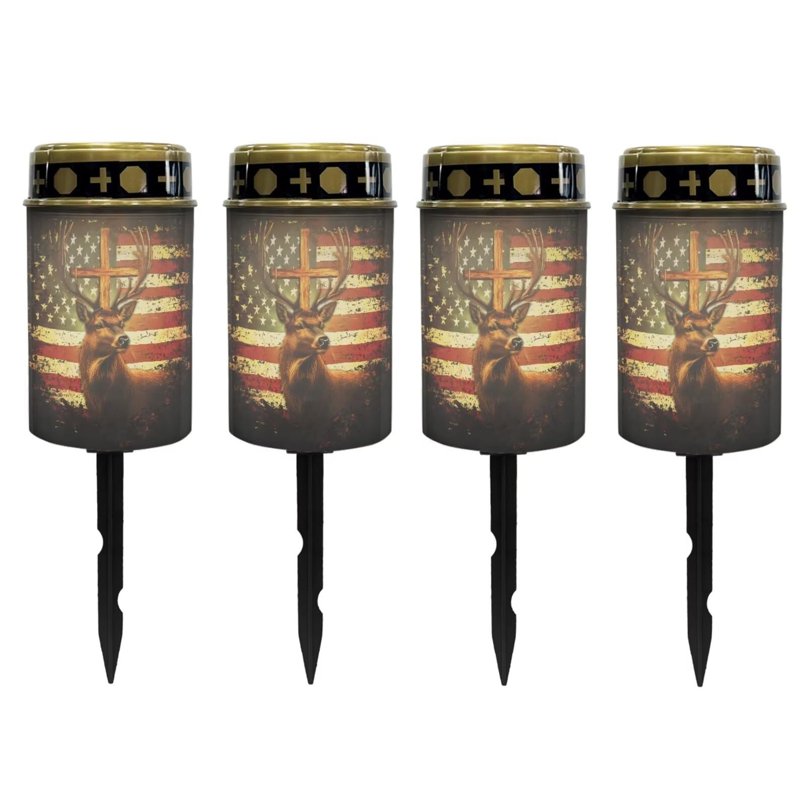 Poceacles Deer American Flag Vintage Pattern Solar Lights Outdoor Solar Powered Outdoor Cemetery Stake Candle Grave Lamp Landscape Lighting Waterproof Grave Flameless Candle, Pack of 4
