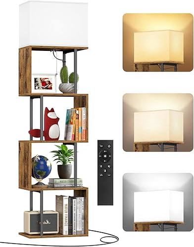 Lámpara de pie de 5 niveles con estantes y control remoto, estantería regulable en forma de S con 3 temperaturas de color, temporizador de 1 hora,