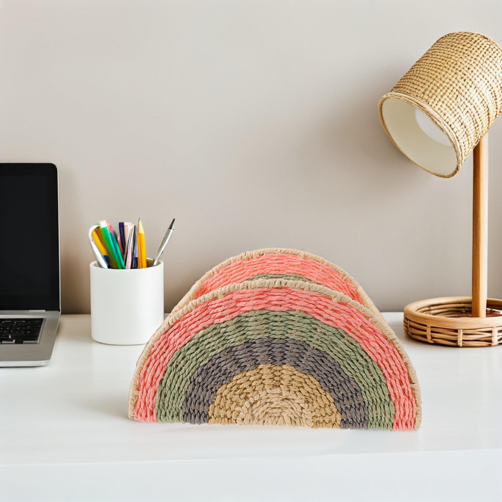 SHINEOFI Cesto Portaoggetti Decorativo a Forma di Arcobaleno in Corda di Carta e Metallo, Facile da Pulire Ampio Spazio per Ufficio e Soggiorno