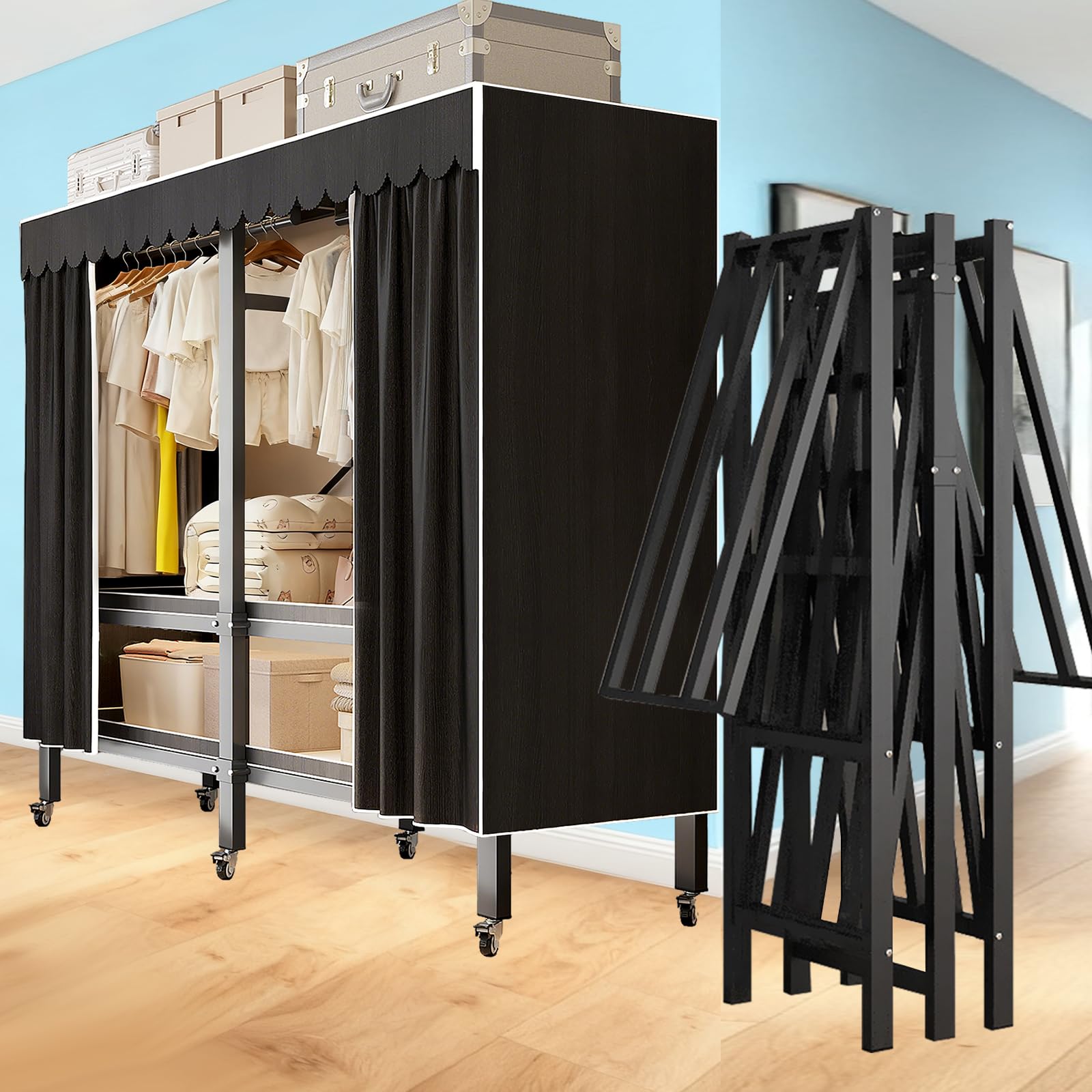 FKKPRVAX Garment Rack with Cover, Heavy Duty Portable Wardrobe Closet 2000LB, Foldable Clothe Rack with Wheel, Clothes Rack for Hanging, Amoires