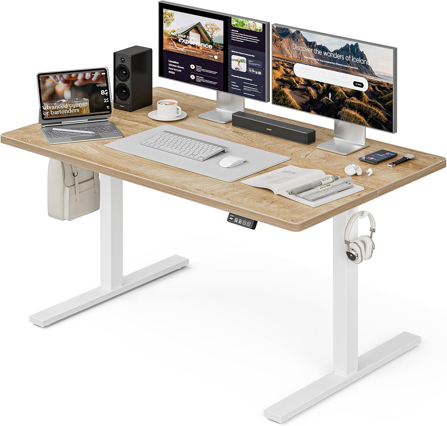 Grandder 55x32 Large Electric Standing Desk, Height Adjustable Computer Desk with 2 Memory Presets, 31.5" Deep Desktop Sit Stand Desk Home Office Desk Workstation Table with Hooks, Oak