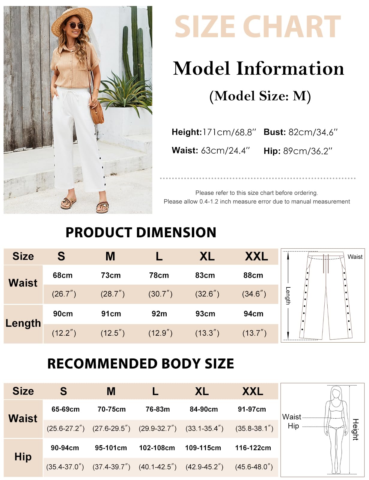 Voqeen Pantalon Femme Été 7/8 Pantacourt Fluide Léger avec Poches Pants de Plage Ample Décontracté Taille Elastique en Coton Pantalon de Travail avec Cordon