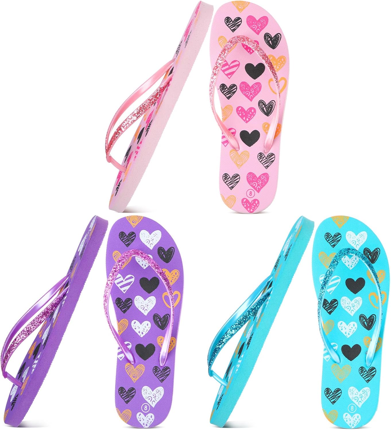 Xuhal 3 Pcs Summer Slim Flip Flop for Women Girls Shower Shoes Heart Pink Blue Purple Colored Flip Flop Sandals