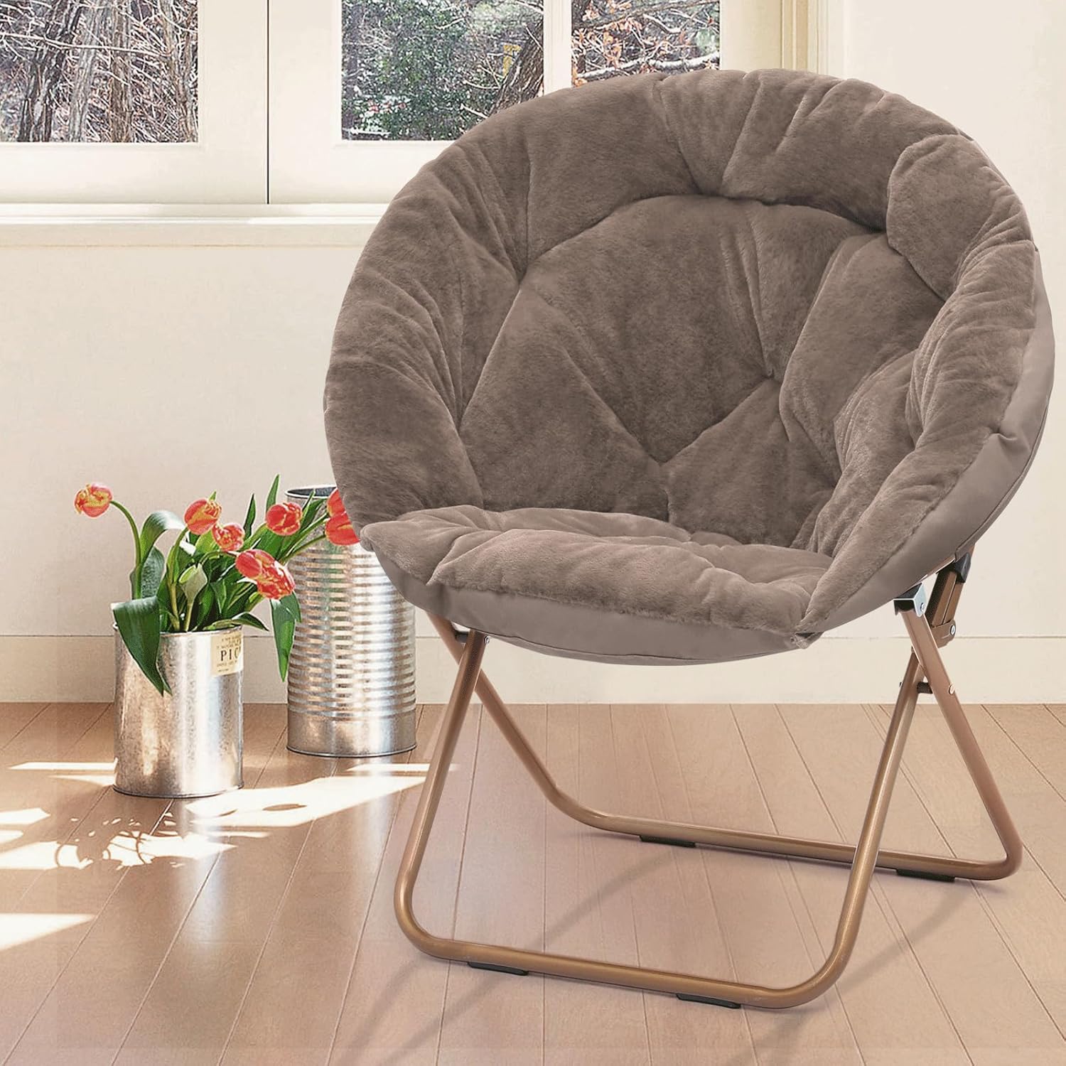 Athena Collection Round Saucer Chair for Adults, Oversize Comfy Cozy Faux Fur Folding Reading Chair with Metal Leg Lazy Relaxing for Living Room Bedroom Dorm Apartment, Beige
