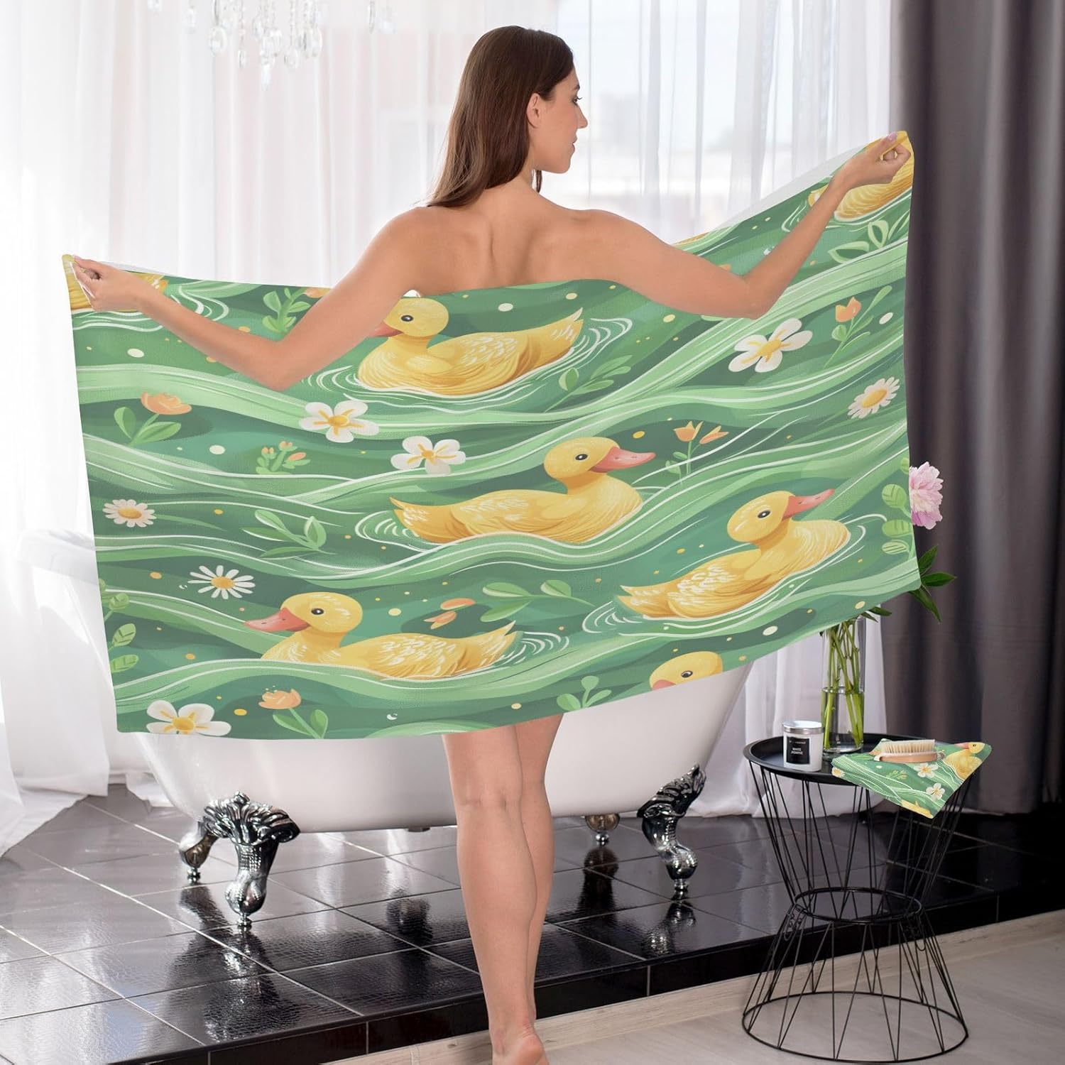 Hand Towels Premium Soft and Highly Absorbent Ducky Pattern with Waves 2 Pcs Towels for Bathroom Set 100% Cotton Decorative Face Towels