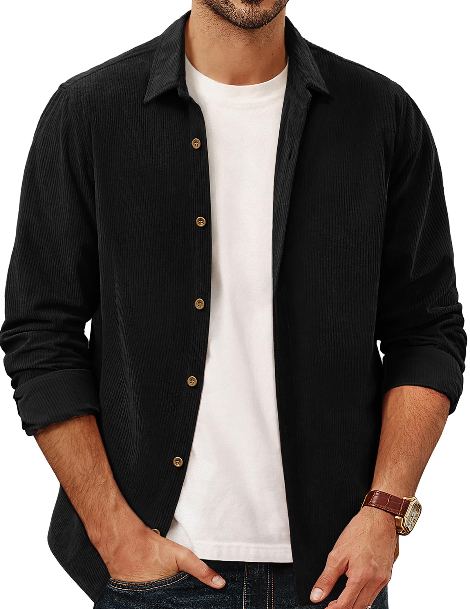 PJ PAUL JONES Camicia da uomo in velluto a coste casual con bottoni, giacca leggera