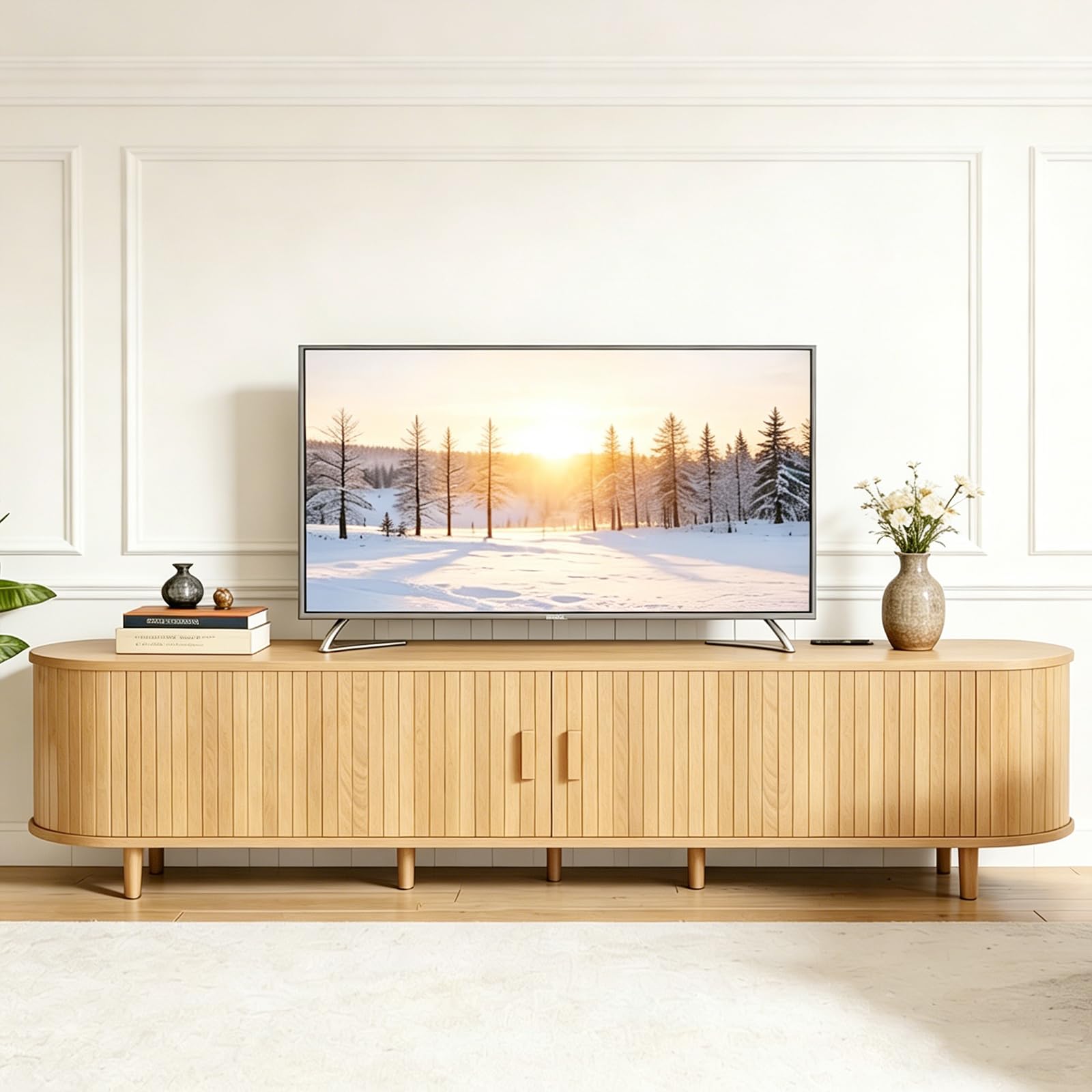 OneBlis 80 Inch Mid Century Modern TV Stand Oak