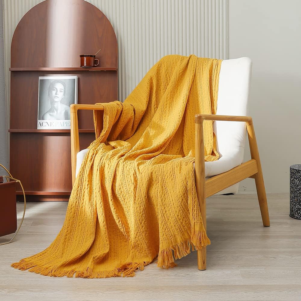 Simple&Opulence 100% Cotton Throw Blanket for Couch, Bed, Waffle Weave Knit Blanket with Tassels, Soft Lightweight Pre-Washed Breathable Cozy Blanket Farmhouse Decoration for All-Season (Gold Yellow) - Image 9