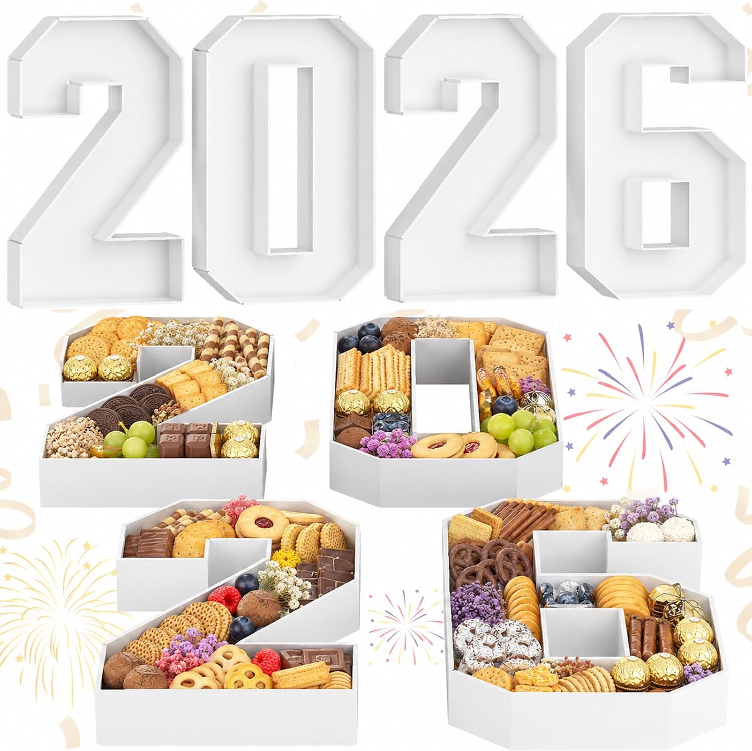 HILAVO 2026 Charcuterie Number Fillable, 4Pcs 13.7" Numbers Charcuterie Board Box 2026 Graduation Decorations Food Serving Tray for Congrats Grad Sports Event Birthday Party Supplies