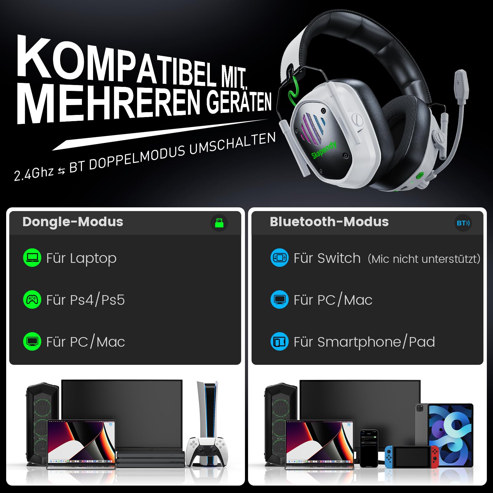 VK81 Cuffie Gaming Wireless con Microfono, 2.4 GHz Cuffie Gaming con Audio lossless, Cuffie da gioco pieghevoli con RGB per Ps5, Ps4, PC, Switch, Mac, Bluetooth 5.4, 50+ Ore