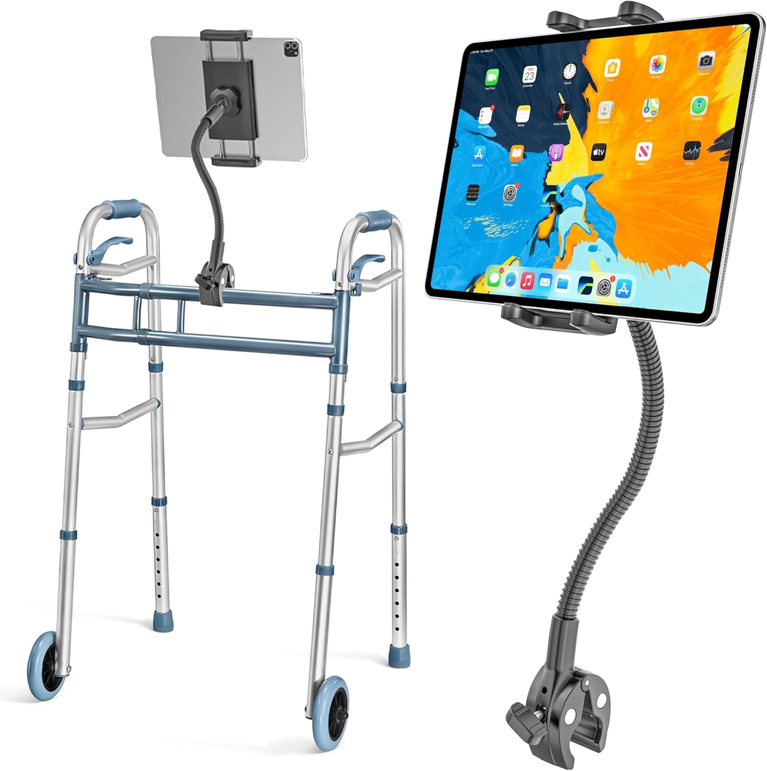 Walker Tablet Holder, Long Gooseneck Tablet Mount Clamp for Rollator Walker, Rolling Walker, Lightweight Walkers, Walkers for Seniors, Fit for iPad Pro Air Mini, iPhone, 4-13" Devices