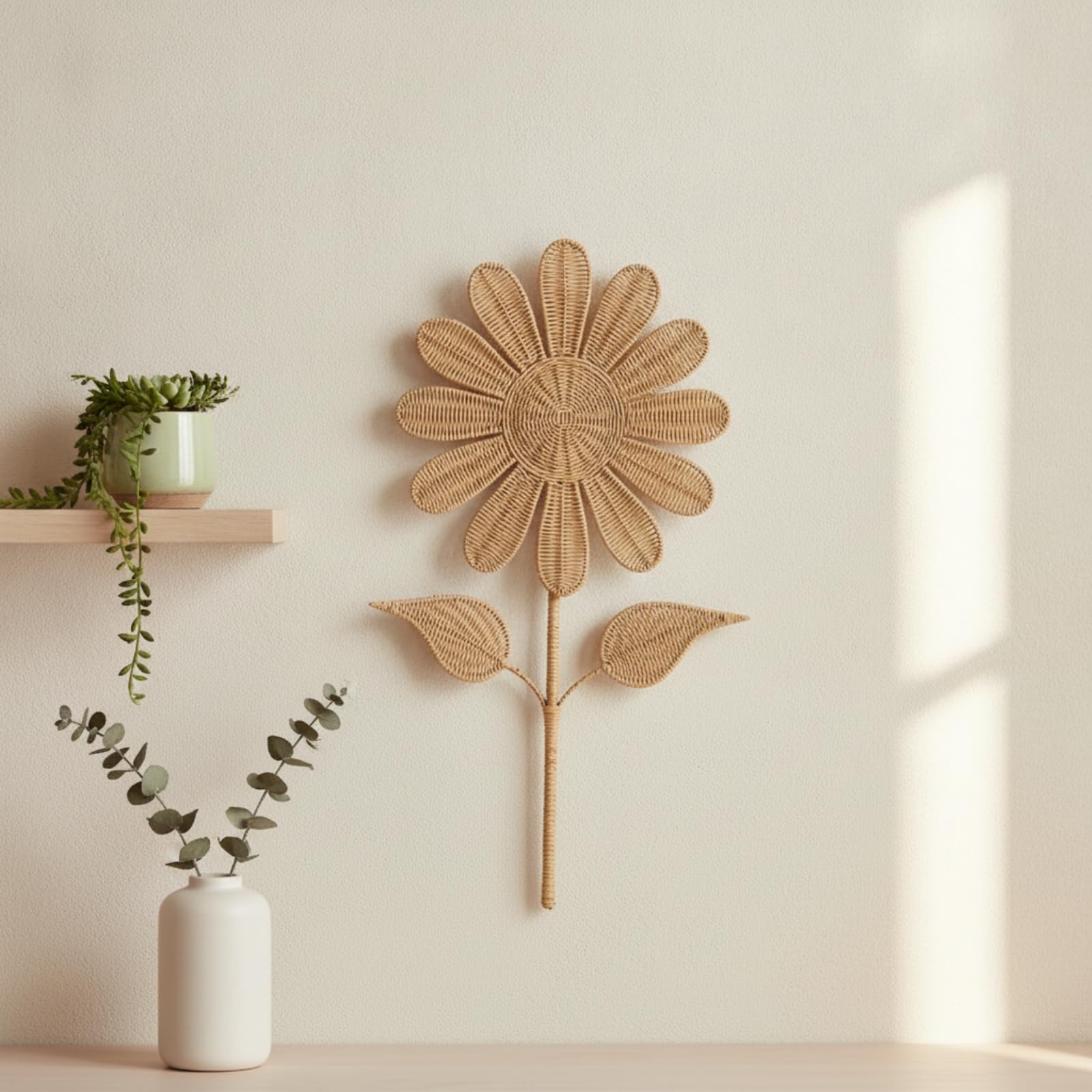 KiBcsLic Adorno Ratán con Forma Flor Boho Mimbre Redondo coración para Hotel, Blanco