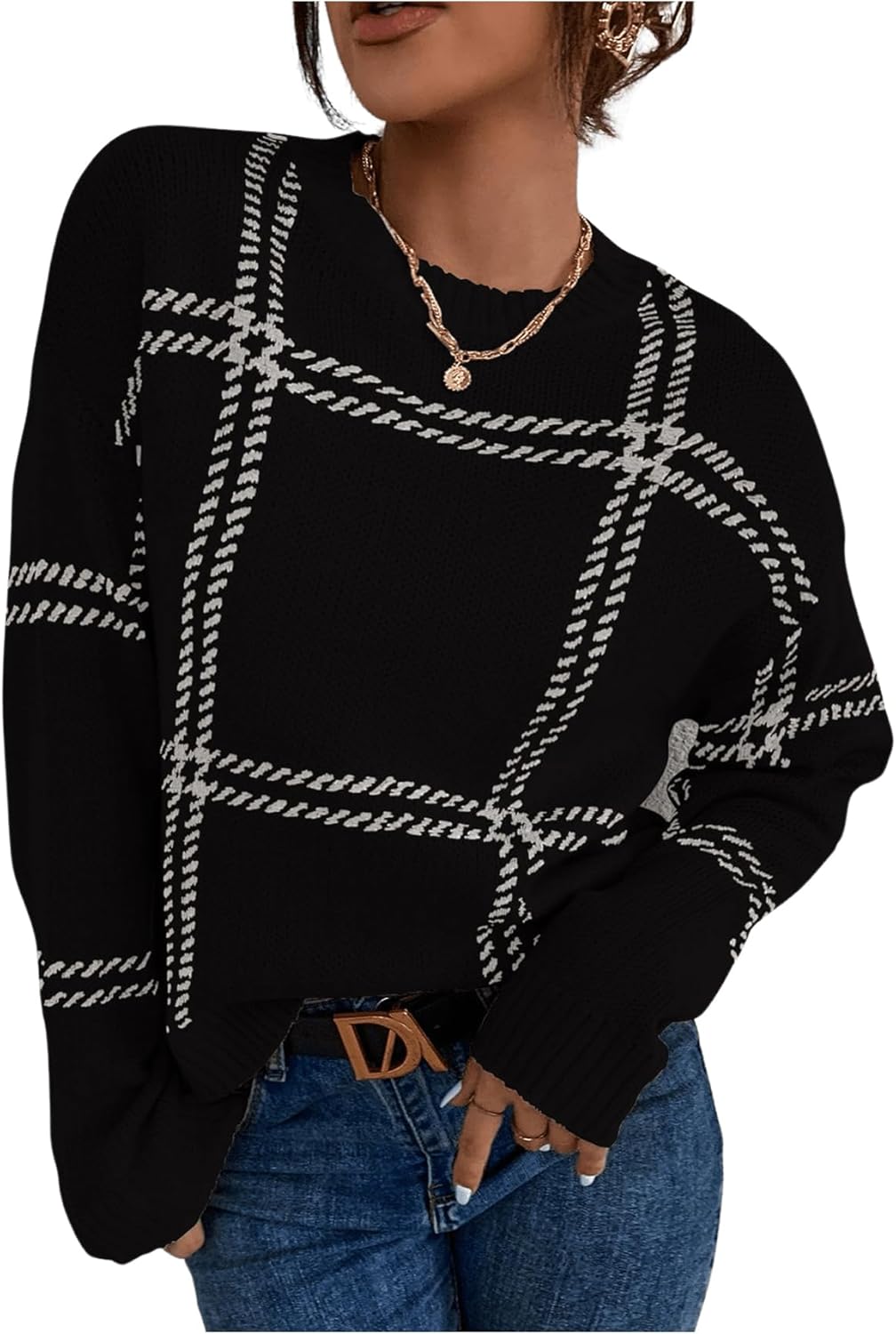 Women's Plaid Long Sleeve Sweaters Crew Neck Knit Pullover Tops Fall Jumper