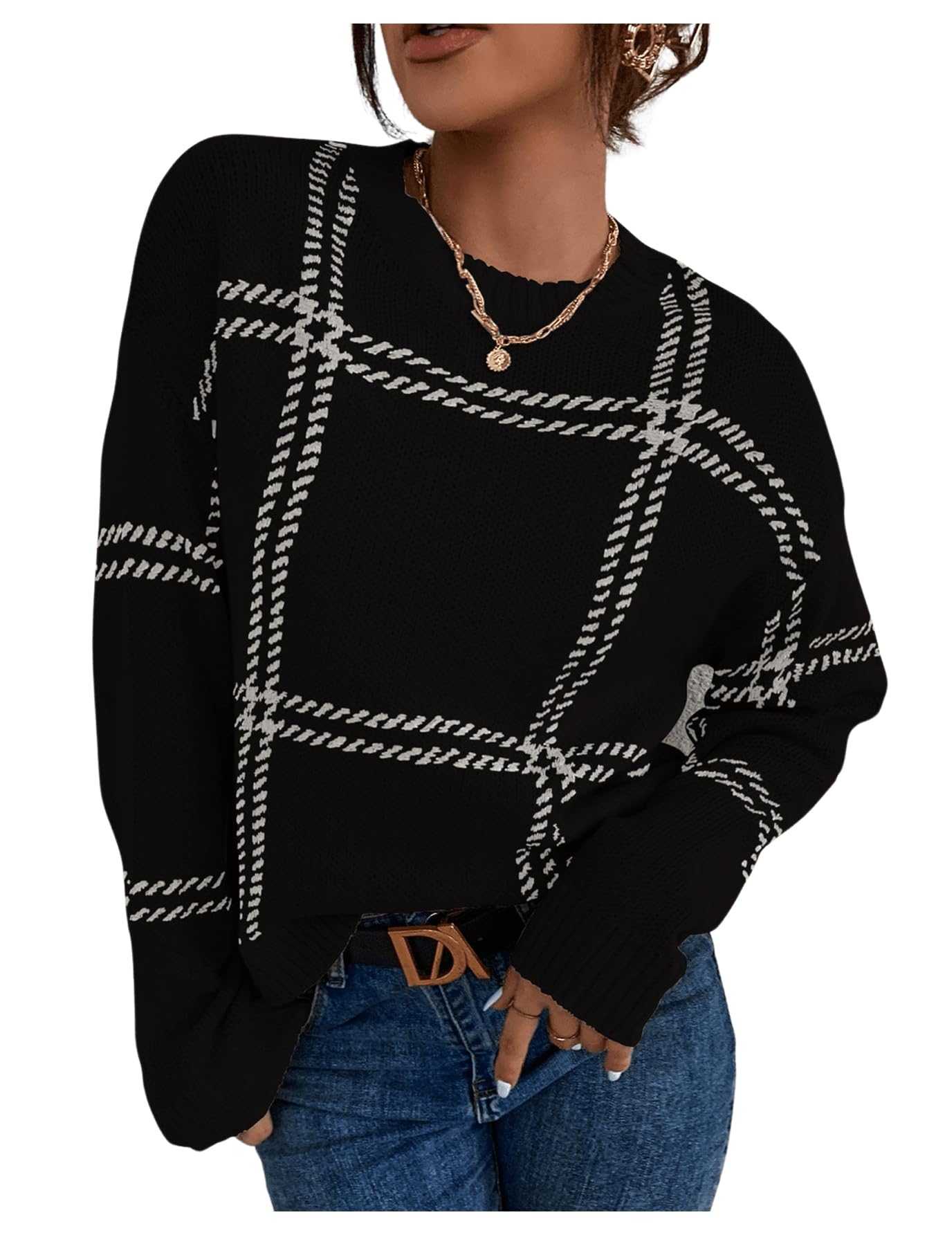 Womens Plaid Long Sleeve Sweaters Crew Neck Knit Pullover Tops Fall Jumper