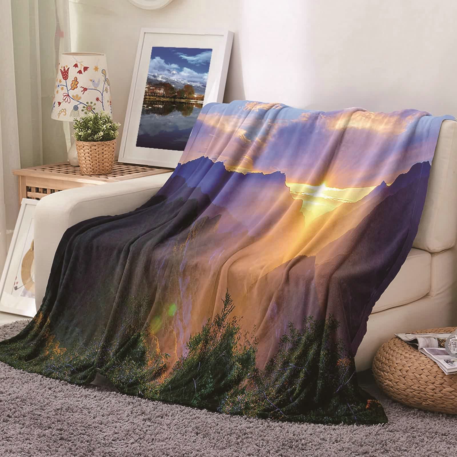 Aeici Couverture Polaire, Couverture Imprimée Enfant Couverture 160x200 cm Arbre Montagne Pierre Couverture Canapé Hiver Cadeau pour Adultes et Enfants