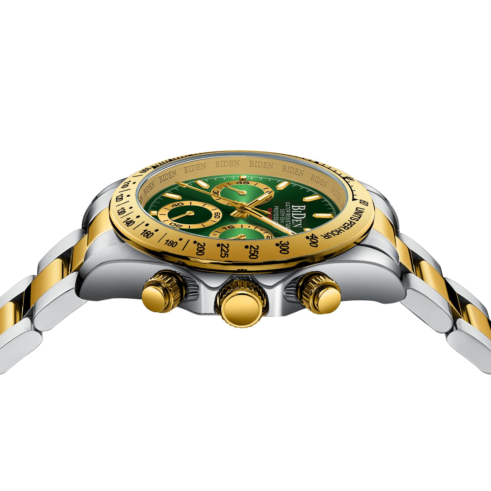 HANPOSH Reloj Hombre Cronógrafo de Acero Inoxidable(Plata Oro Verde11)
