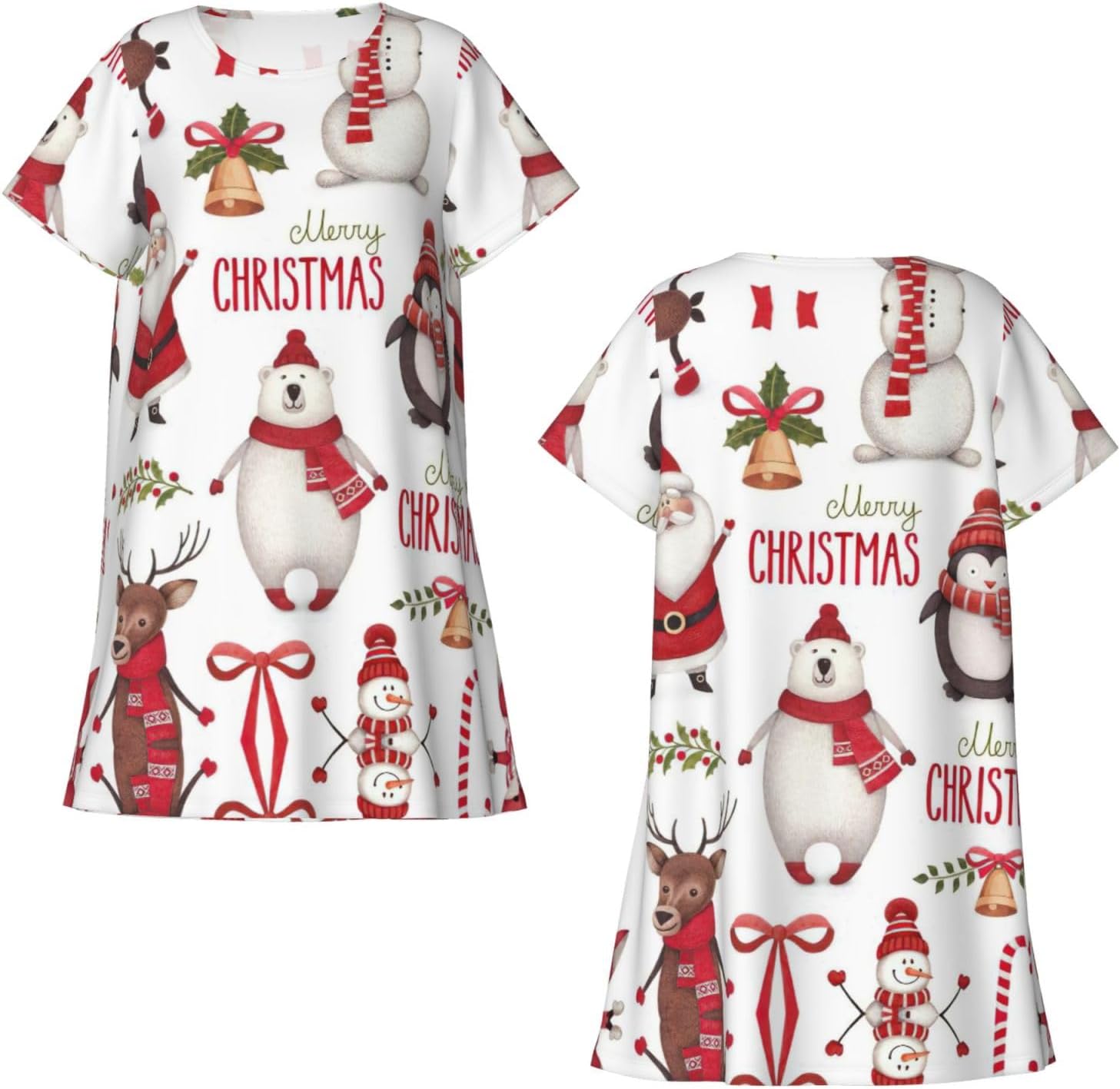 Christmas Santa Claus Print Soft Women'S Sleepwear,Comfy Short Sleeve Nightgown,Perfect For Relaxing At Home Sleeping