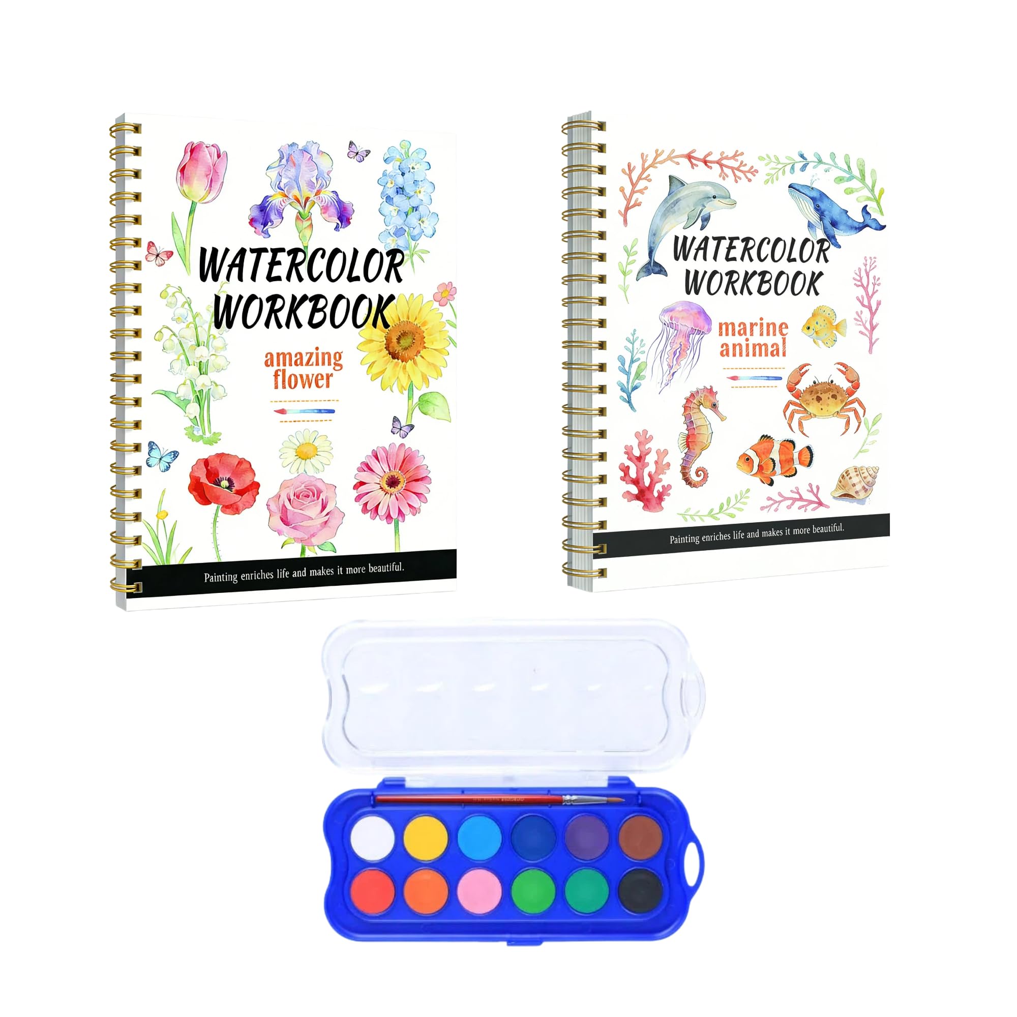 Zatyorg 2 Pcs Watercolour Workbook, Water Colouring Books With 12 Color Watercolour Paints Set & Brush For Beginner Adult, Arts & Crafts Gift (Flowers & Marine Animals Theme)