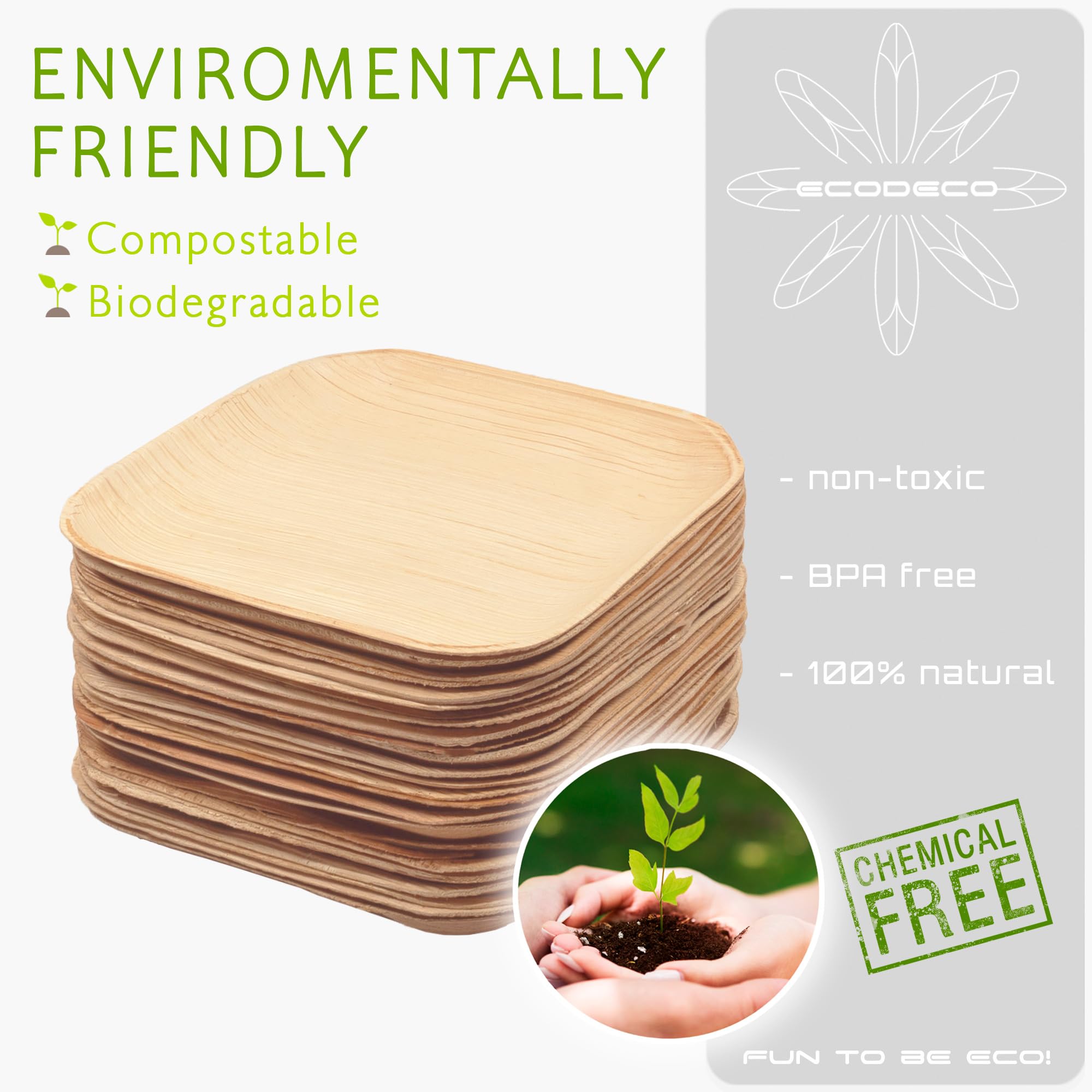 ECODECO 50 platos desechables de hoja de palma de 6 pulgadas, ecológicos como platos de fiesta de bambú para aperitivos o postres