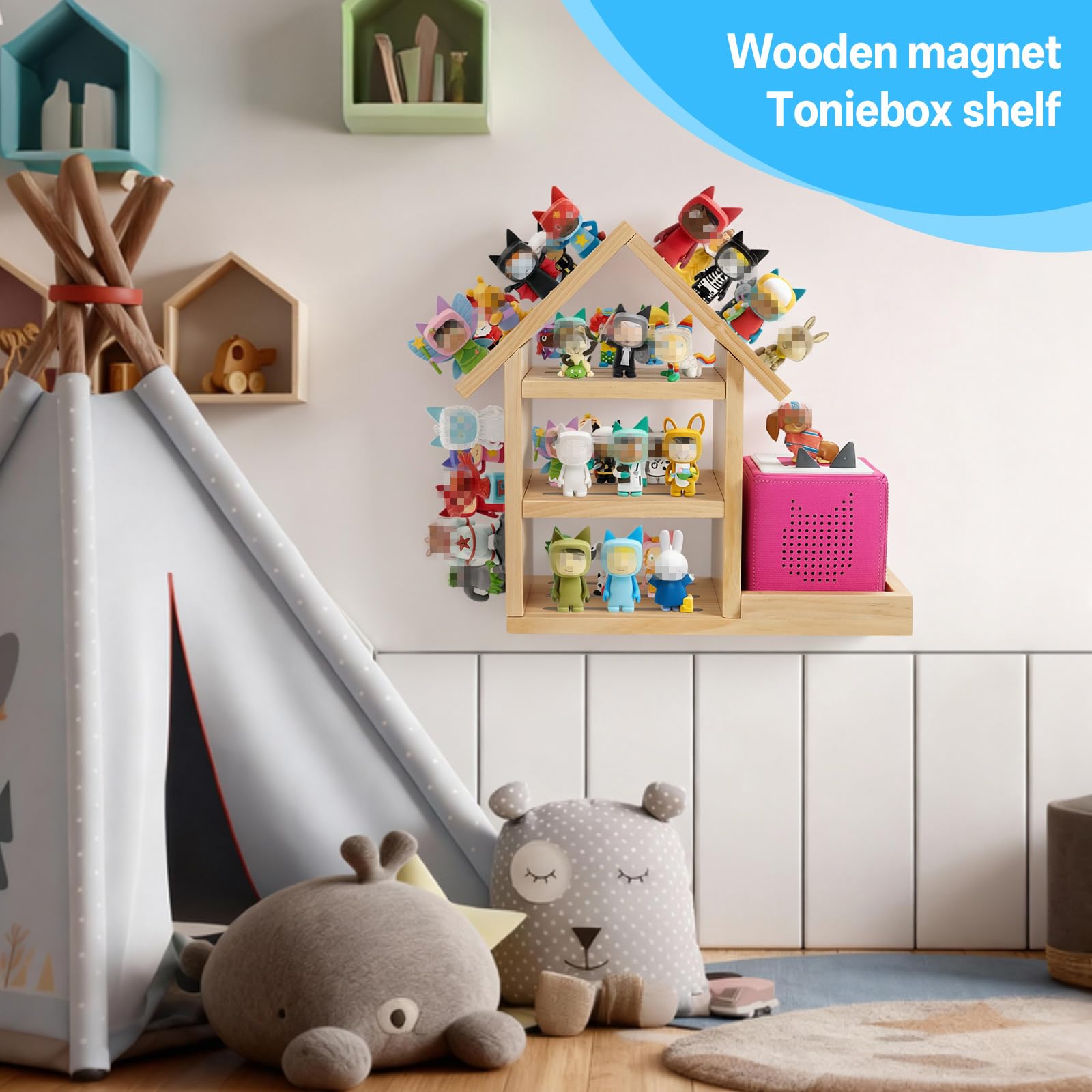 GIEANOO Maison-Form Tonies Regale, Geeignet für TonieBox 2/1 Große Tonie Magnetisches Regal Pinier Wood Wall Regal für 70-80 Tonies Figuren Organisateur Lagerung Toni Anzeige Regale Mädchen und Junge