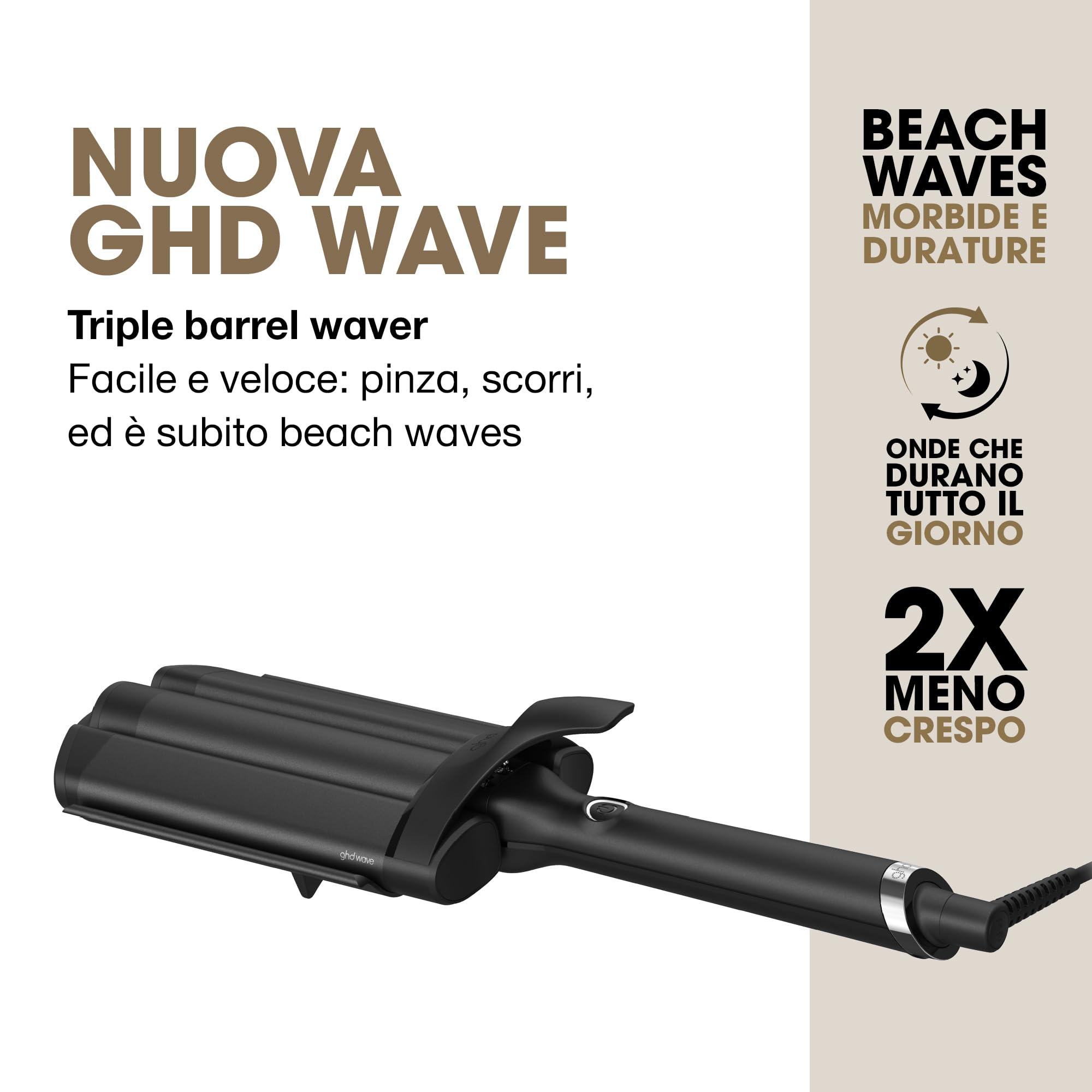 ghd Wave, Triple Barrel Waver Piastra per Onde Morbide e Naturali Effetto Beach Waves 32 mm, Senza Danni da Calore Estremo e Styling a Lunga Durata, Per Tutti i Tipi di Capelli, Spina EU, Nero