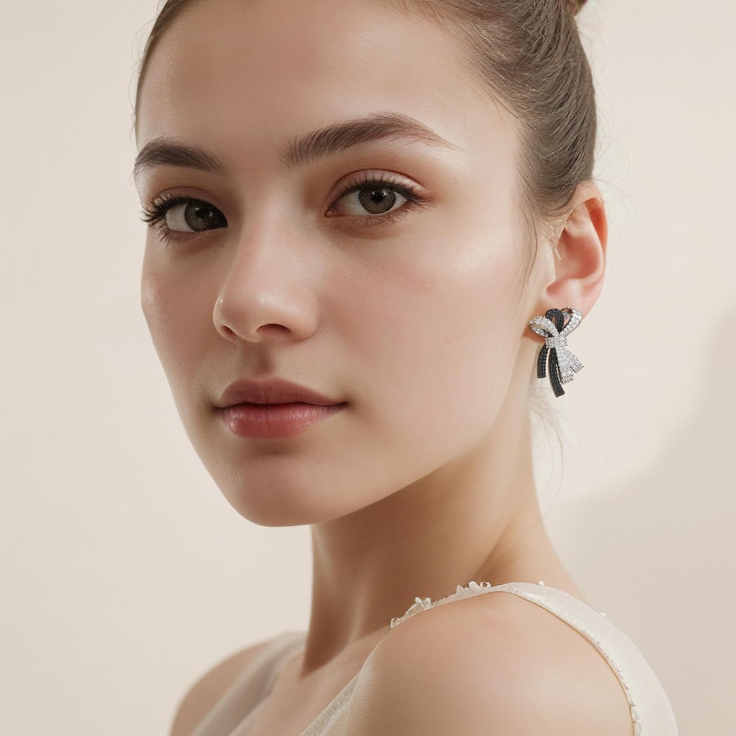 Jewelry Black and White Bow Stud Earrings, Gold-Plated Copper, 5A Cubic Zirconia, 28.5mm Length, 18.5mm Width, Sterling Silver Ear Posts, Hypoallergenic Classic Jewelry Gift - Image 5