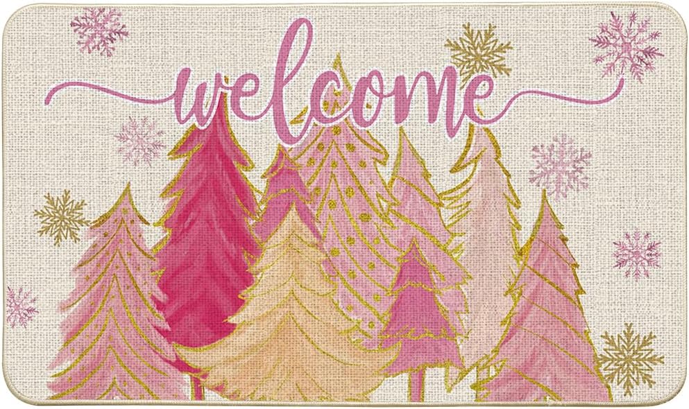 Artoid Mode Pink Tree Snowflak Christmas in July Welcome Doormat, Winter Home Decor Low-Profile Switch Rug Door Mat Floor Mat for Indoor Outdoor 24x35 Inch