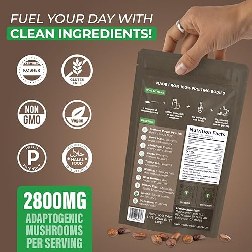 Miniatura 2 de Mezcla de café de hongos adaptogénicos 7 en 1  2800 mg de melena de león, cordyceps, chaga, cola de pavo y más  alternativa de café baja en cafeína,