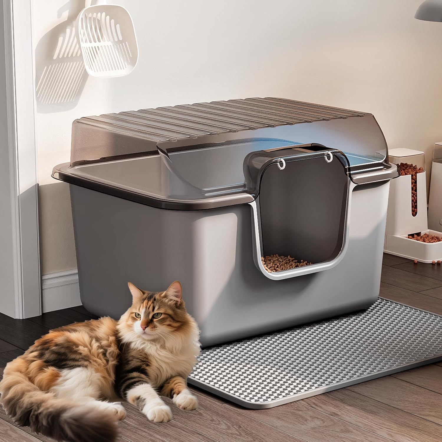 Oneluck Large Cat Litter Box with Transparent Covered,Mat and Scoop, Convenient for Observing Cats, Front Door Flap for Privacy, Gray