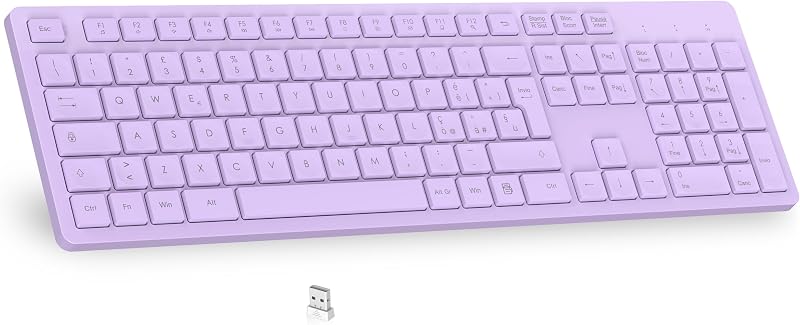 LeadsaiL Vezeték nélküli billentyűzet, teljes méretű QWERTY, ergonomikus USB 2,4 GHz, számpad, PC/Mac/Laptop - Lila