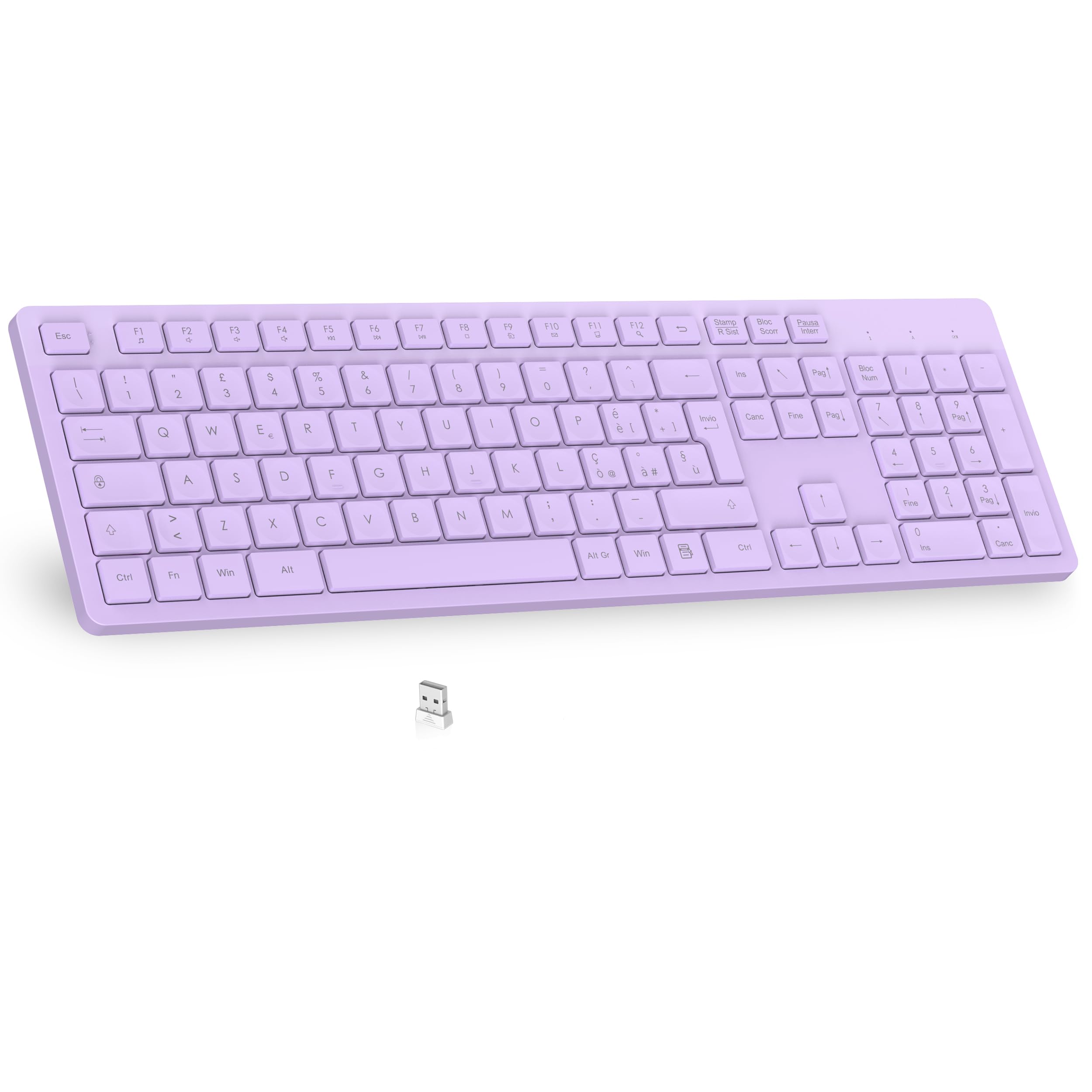 LeadsaiL Teclado inalámbrico, teclado inalámbrico de tamaño completo, QWERTY italiano, diseño ergonómico USB de 2,4 GHz con teclado numérico para PC, portátil, Mac OS, MacBook Pro/Air, Windows-violeta