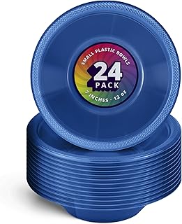 DecorRack 24 Small Plastic Bowls, 7 inch Disposable 12 oz Serving Bowl, Fruit Snack, Popcorn, Soup, and Salad, Kids Birthday and Holiday Party Supplies, Blue (Pack of 24)