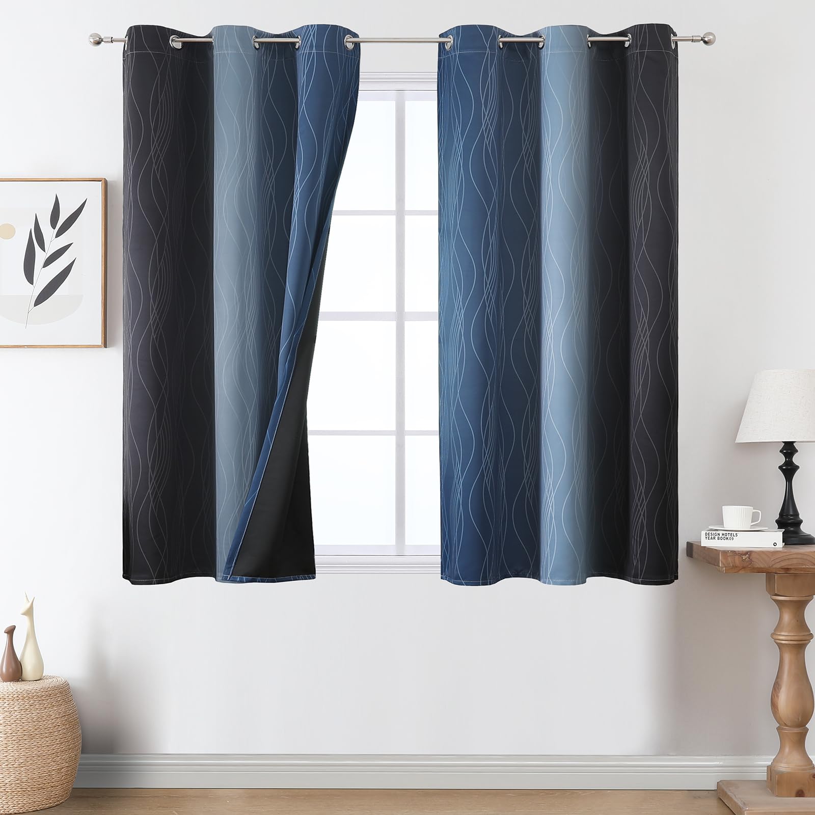 Estelar Textiler Black and Navy Blue Ombre Blackout Curtains 45 Inches Long, Full Room Darkening Gradient Drapes for Kitchen, Thermal Insulated