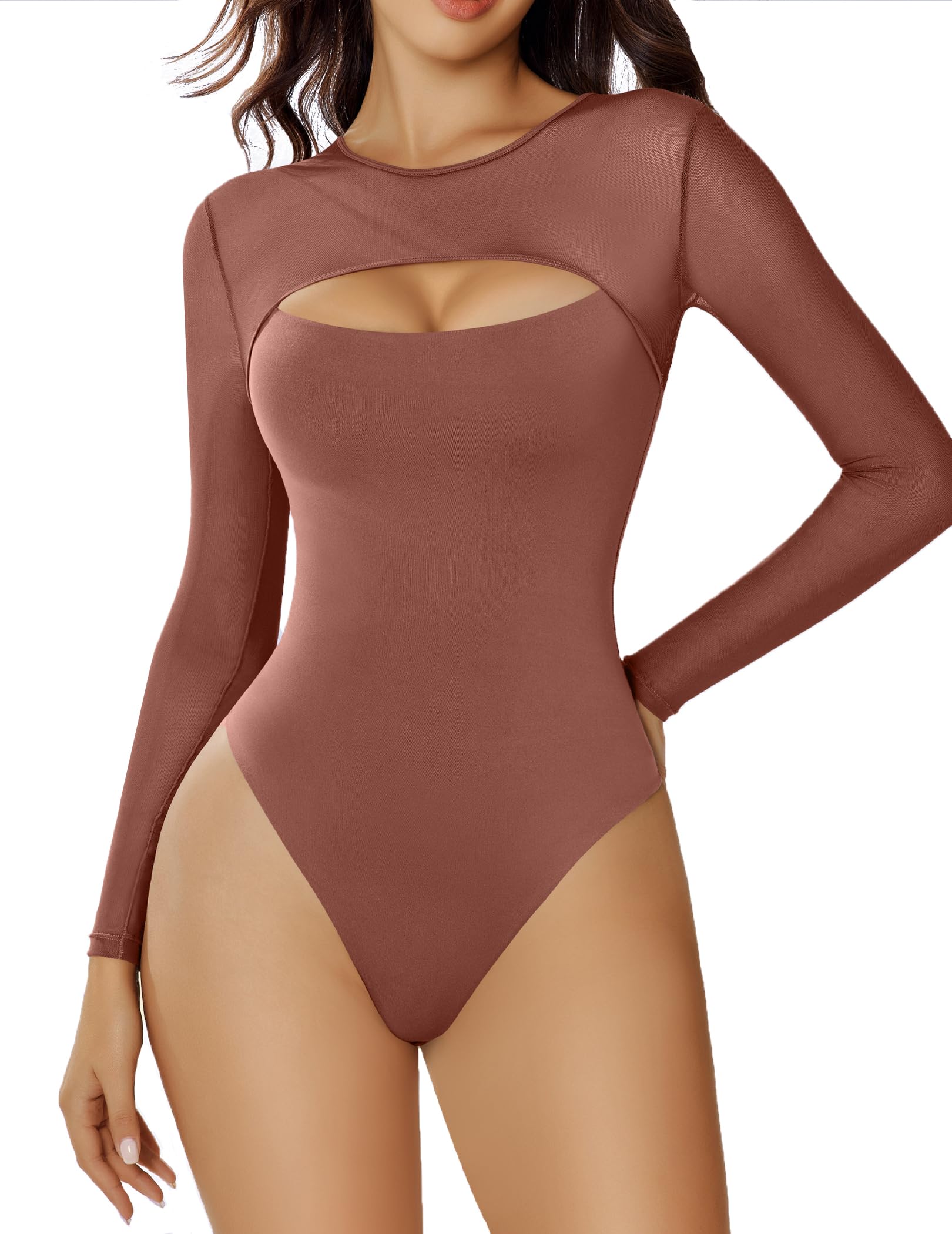 Avidlove Bodysuits for Women Round Neck Long Sleeve Mesh Bodysuit