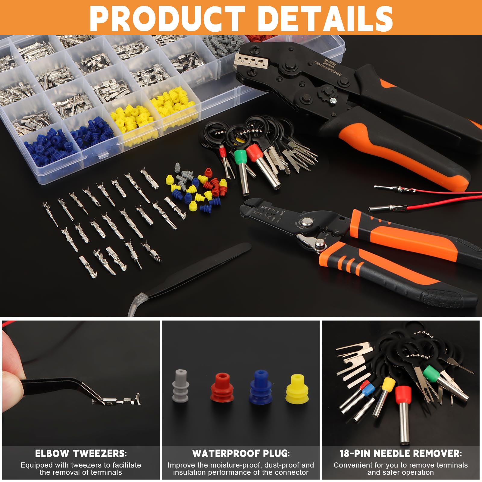 Kit de conectores eléctricos para coche 816 piezas con crimpadora y pelacables, terminales 1,0–3,5 mm, tapones de sellado y extractores para coche, moto y barco