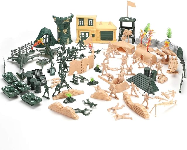 Hautton [130 Pieces] Plastic Army Men, Toy Story Soldiers Bucket, Model Military Figures Set for Boys Kids Children, Combat Battle Playset with Plane Tank