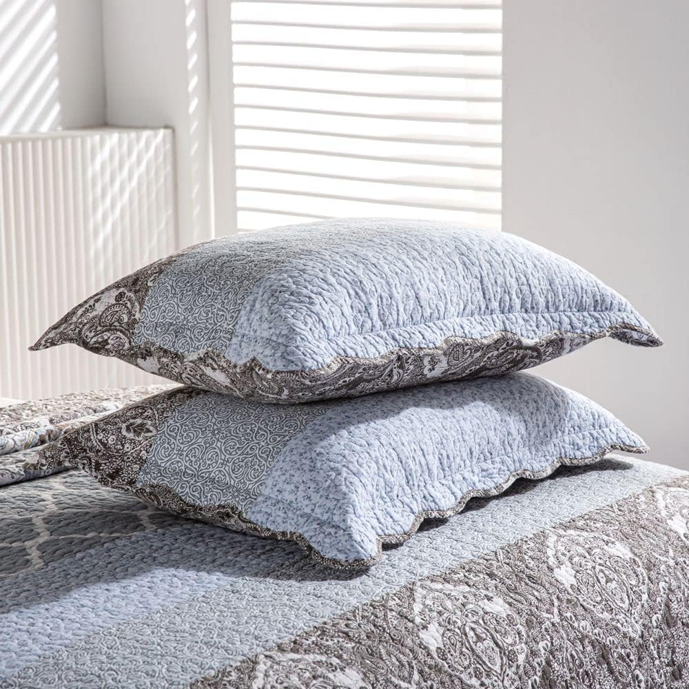 YAYIDAY Oversized Queen Quilt Set Patchwork Bedspread (110x118 Inch) - 100% Cotton Reversible Breathable Grey Quilted Coverlet with Pillow Shams Fit All Seasons